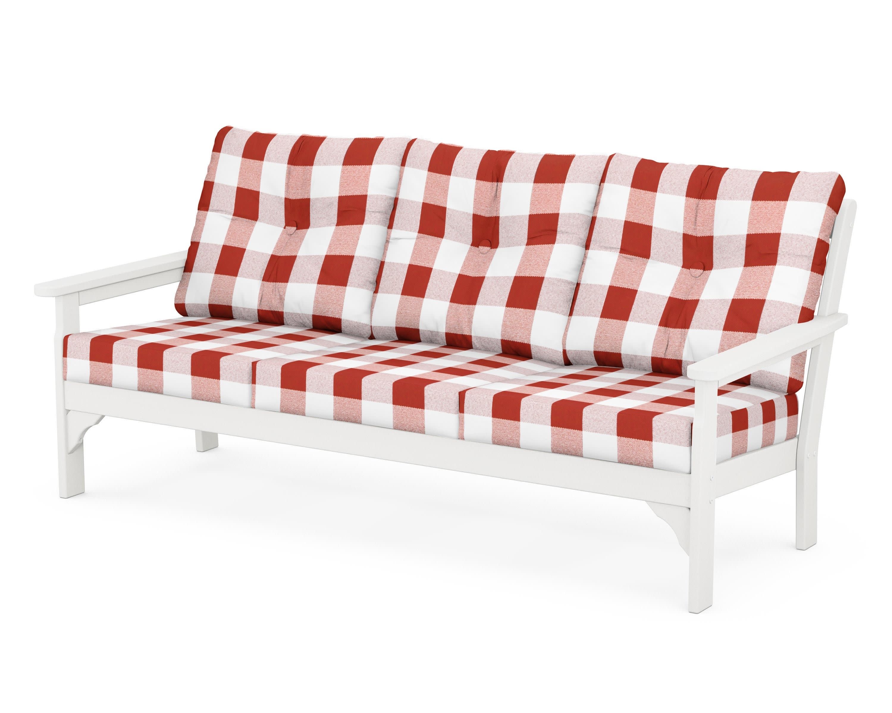 Vineyard Deep Seating Sofa in Vintage White / Buffalo Plaid Crimson