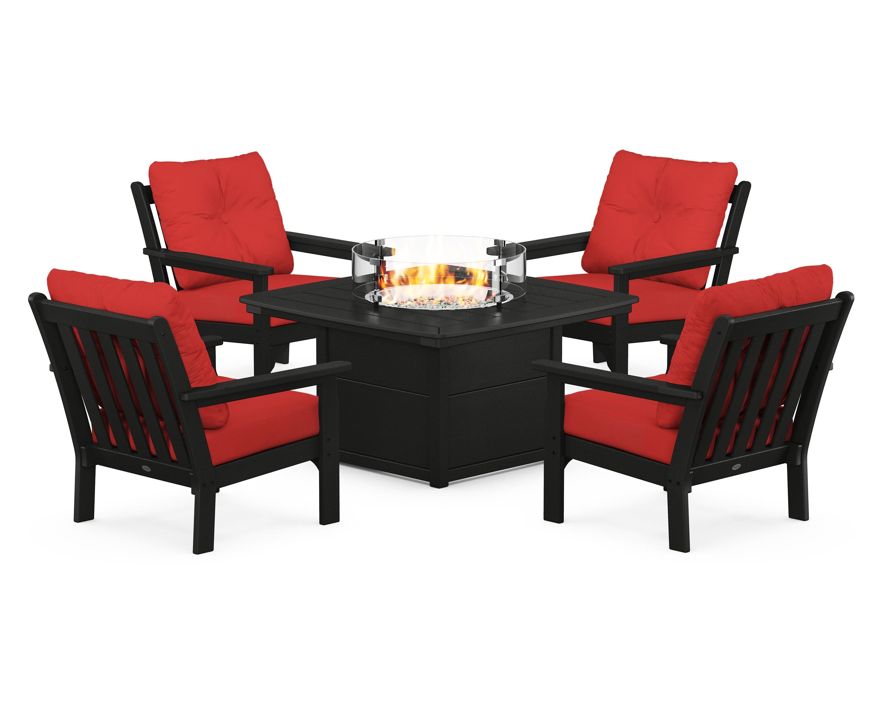 Vineyard 5-Piece Conversation Set with Fire Pit Table in Black / Crimson Linen
