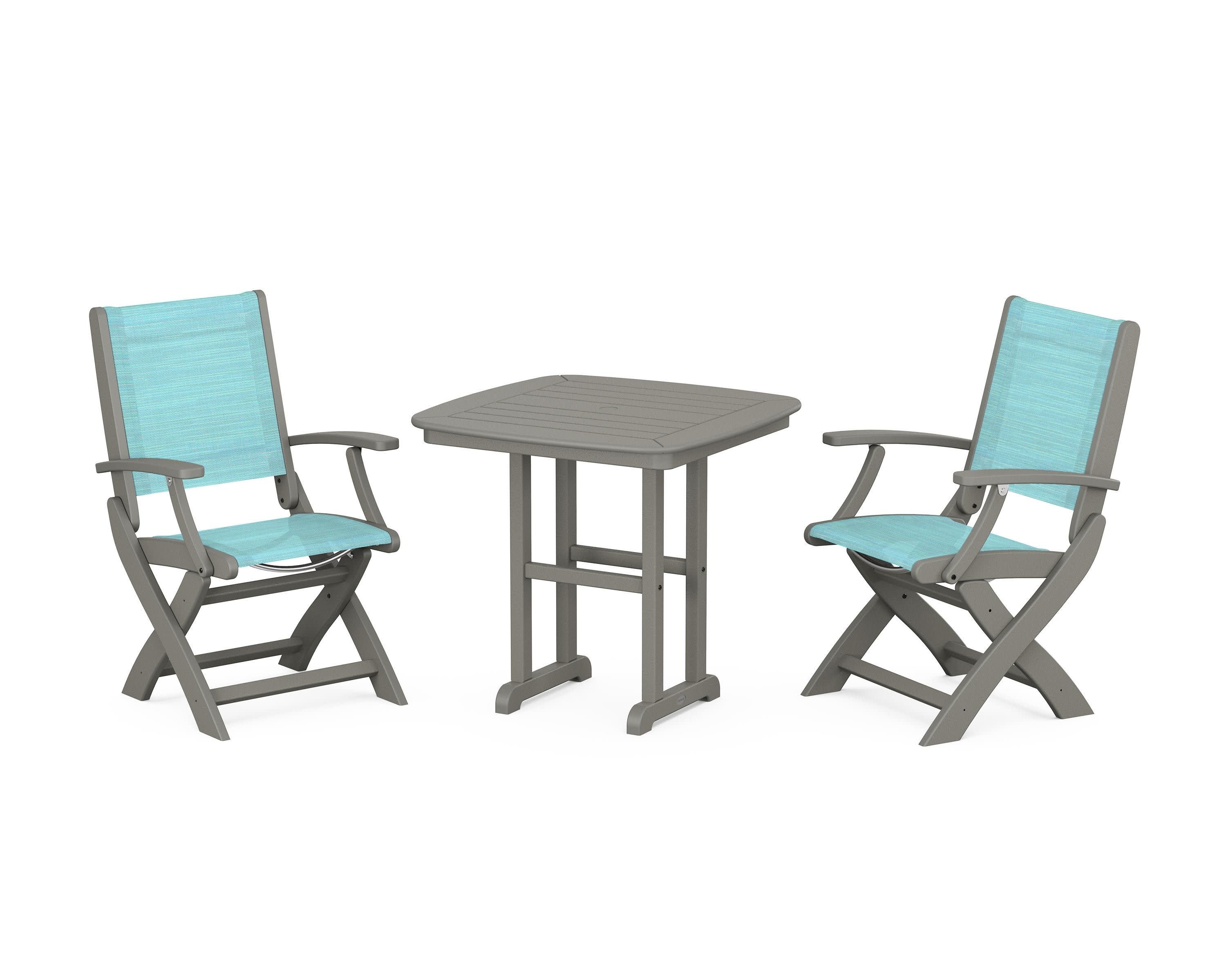 Coastal Folding Chair 3-Piece Dining Set in Slate Grey / Dupioni Aquamarine Sling