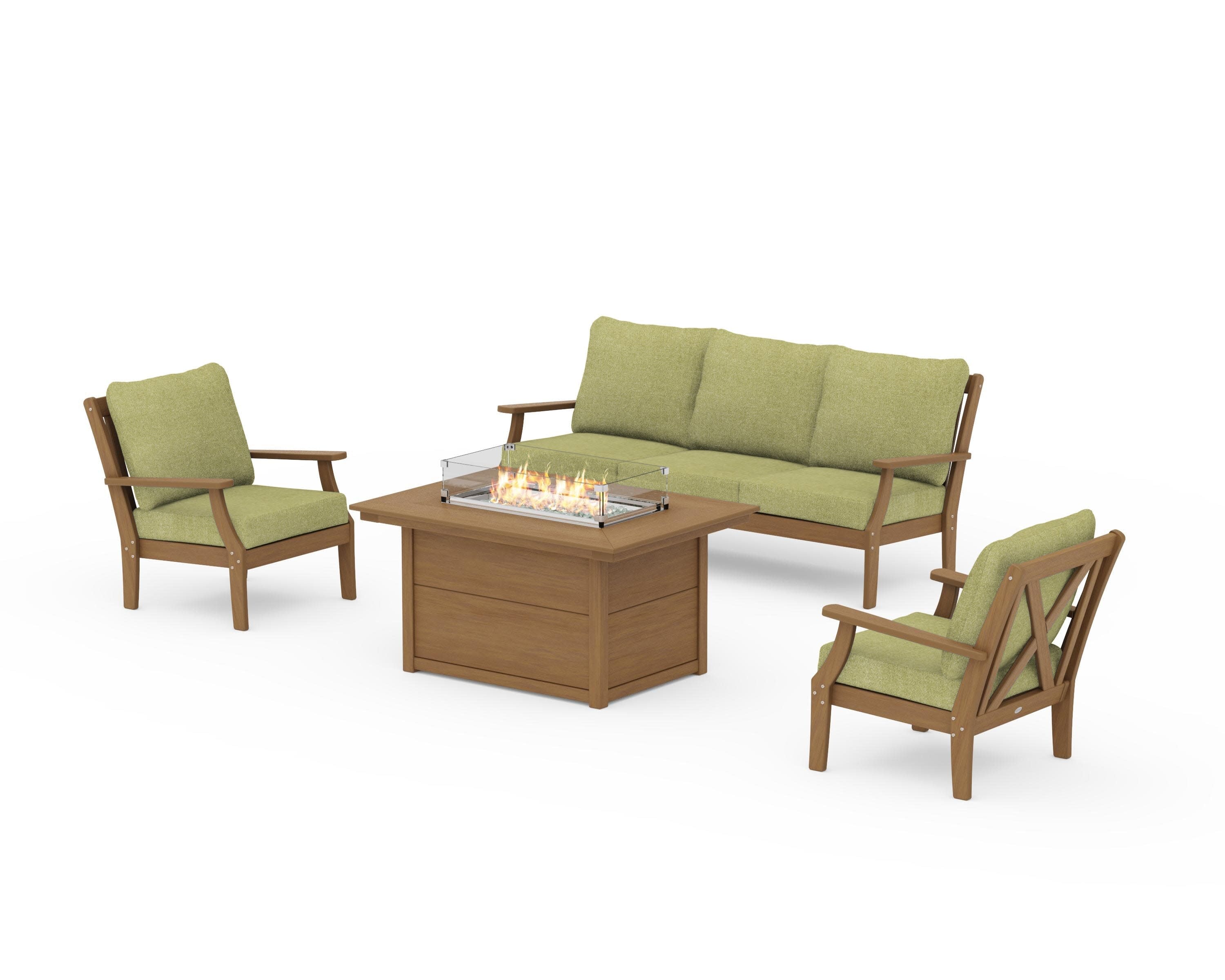 Braxton Deep Seating Fire Pit Table Set in Natural / Chartreuse Boucle
