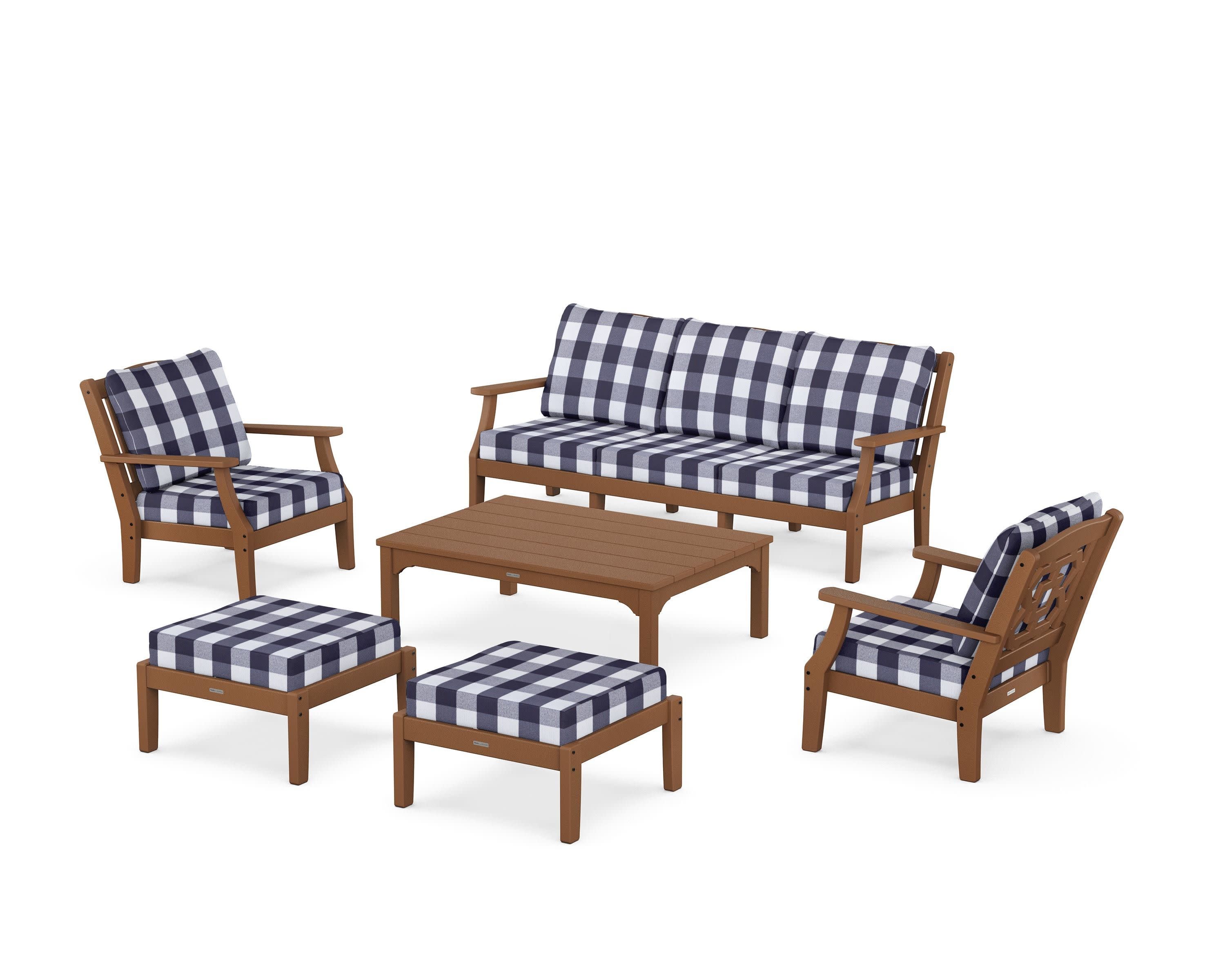Chinoiserie 6-Piece Lounge Sofa Set in Teak / Buffalo Plaid Navy