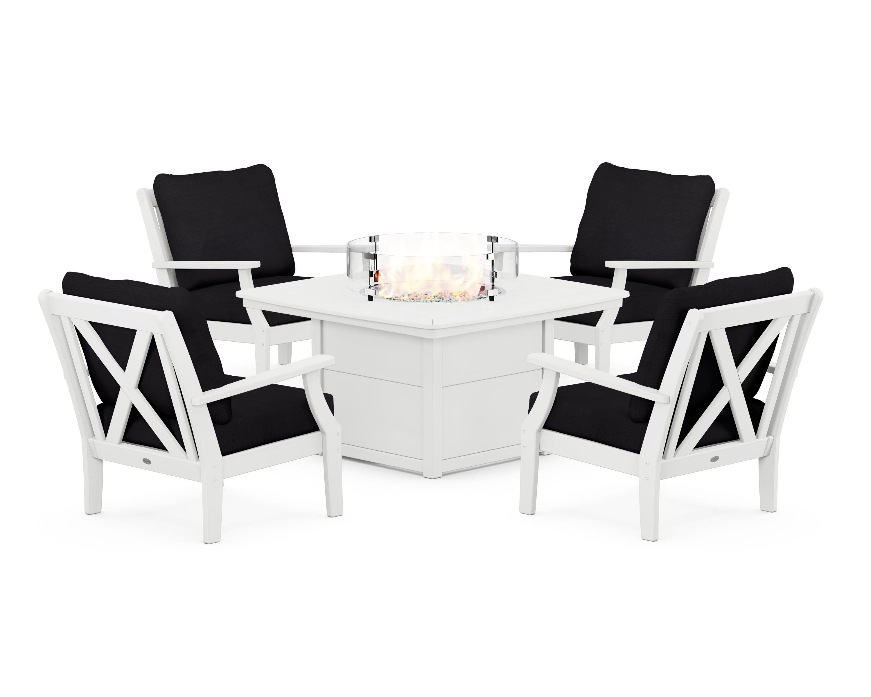 Braxton 5-Piece Deep Seating Conversation Set with Fire Pit Table in White / Midnight Linen