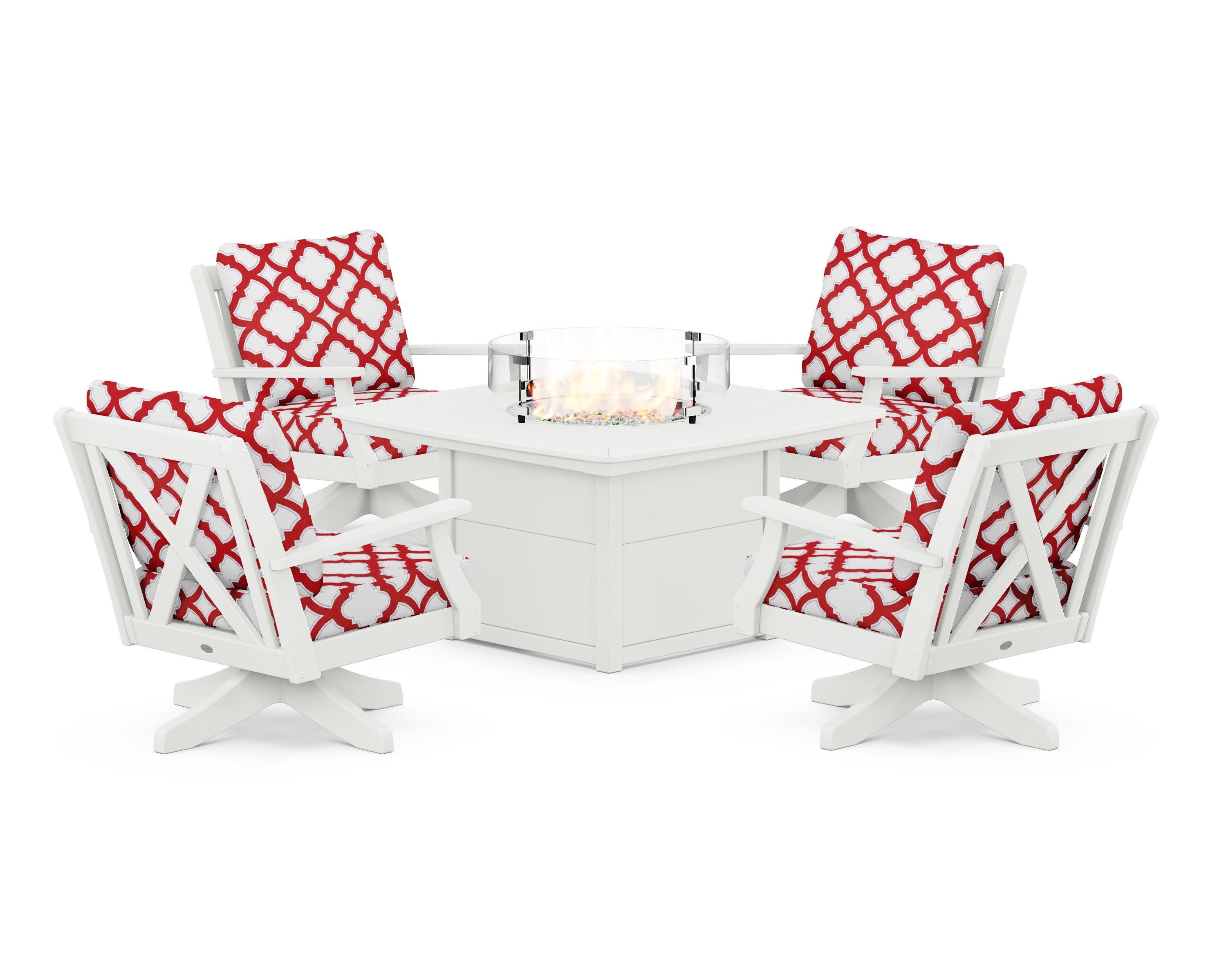 Braxton 5-Piece Deep Seating Swivel Conversation Set with Fire Pit Table in Vintage White / Trellis Crimson