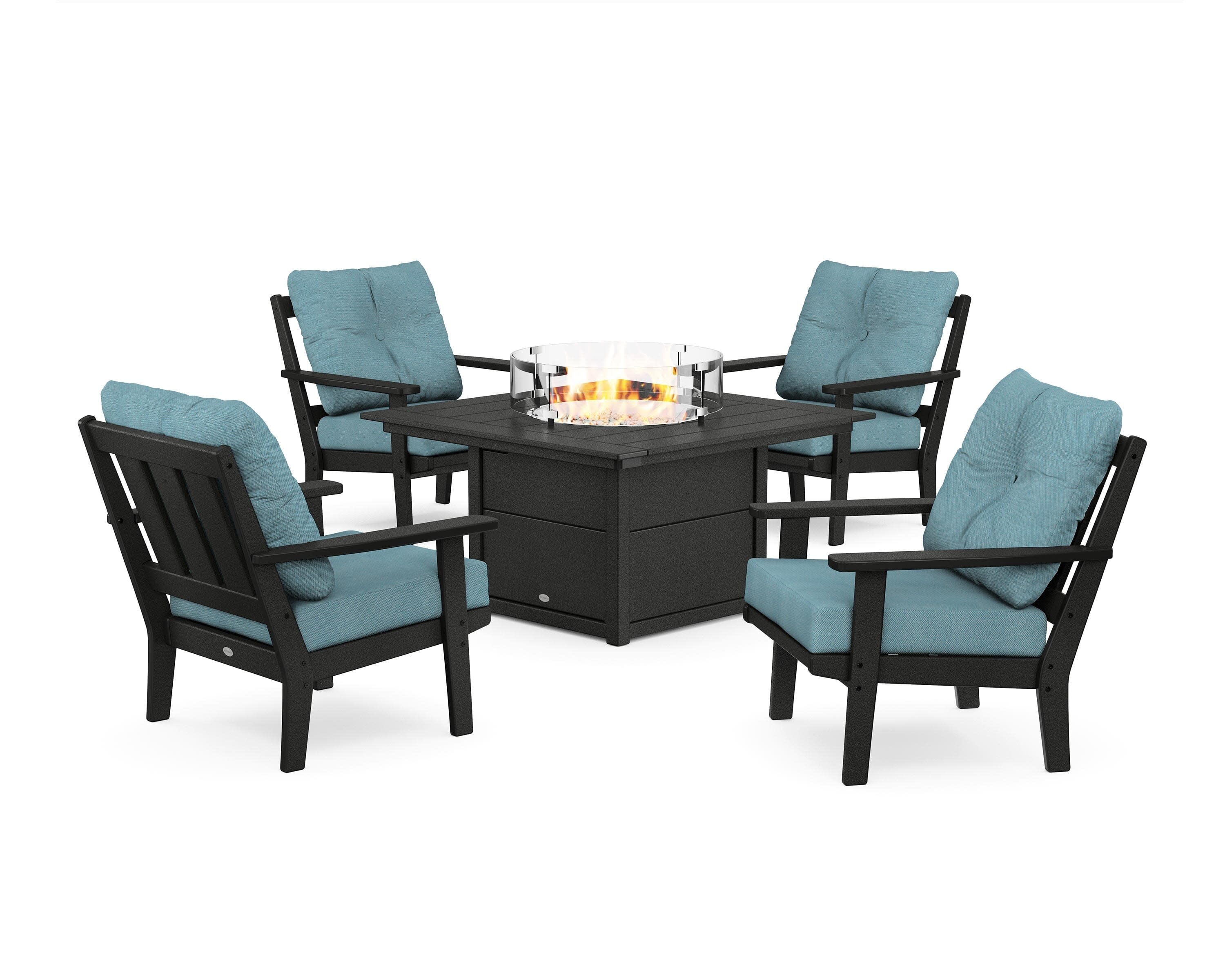 Oxford 5-Piece Deep Seating Set with Fire Pit Table in Black / Lattice Sky Blue