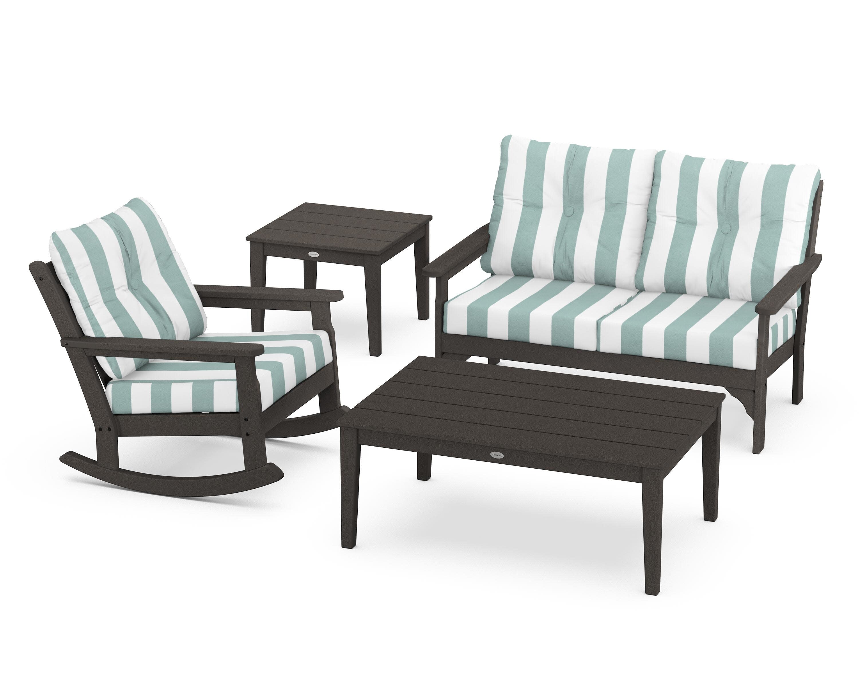 Vineyard 4-Piece Deep Seating Rocker Set in Vintage Coffee / Cabana Stripe Glacier Spa