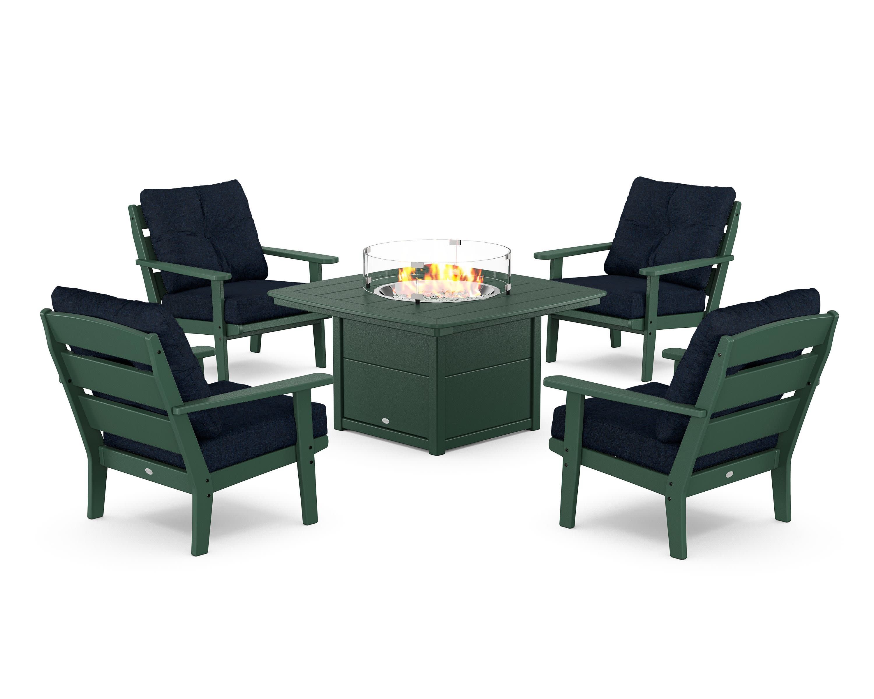 Lakeside 5-Piece Deep Seating Set with Nautical Fire Pit Table in Green / Marine Indigo