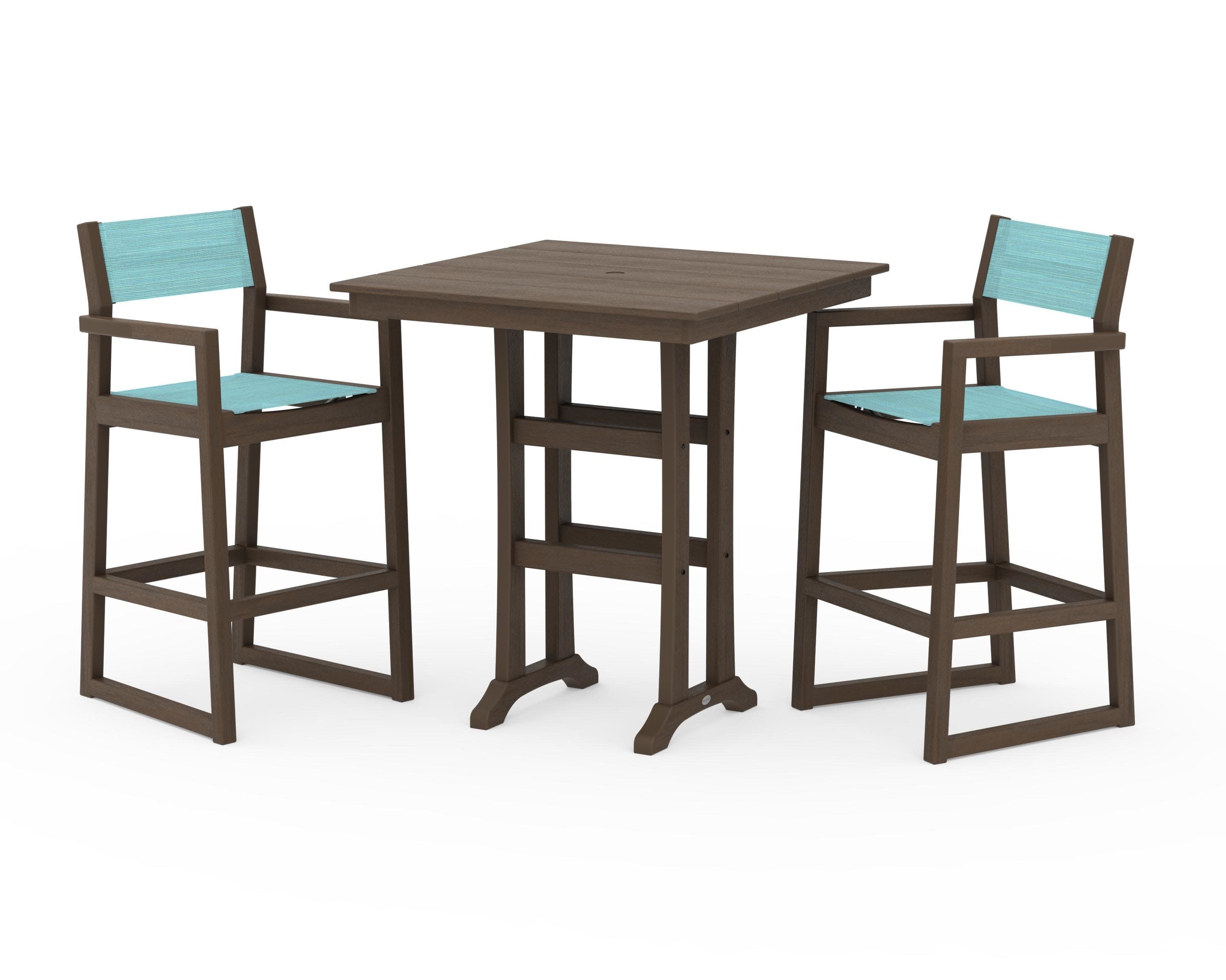 EDGE Sling Arm Chair 3-Piece Farmhouse Bar Set with Trestle Legs in Kona / Dupioni Aquamarine Sling