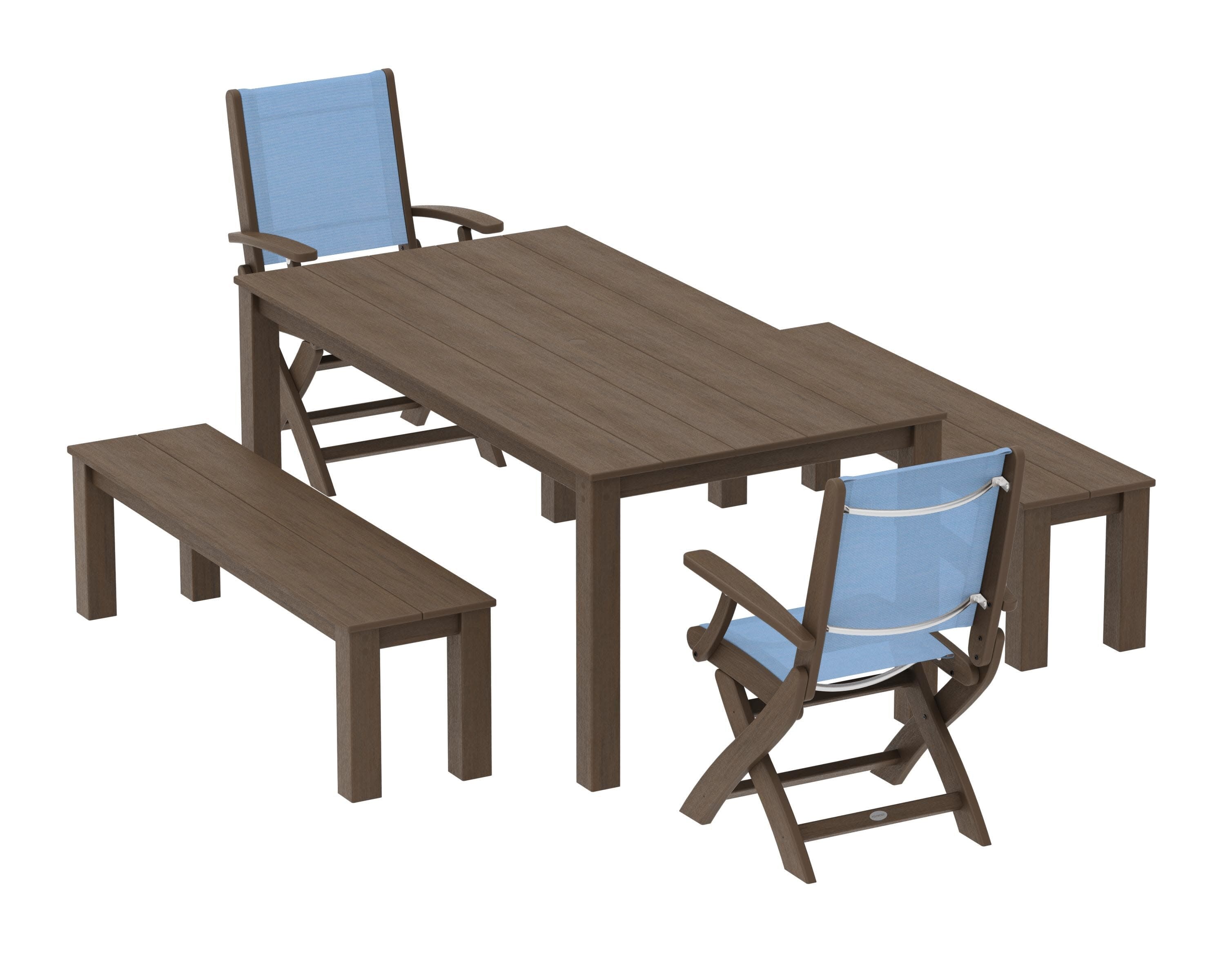Coastal Folding Chair 5-Piece Parsons Dining Set with Benches in Kona / Poolside Sling
