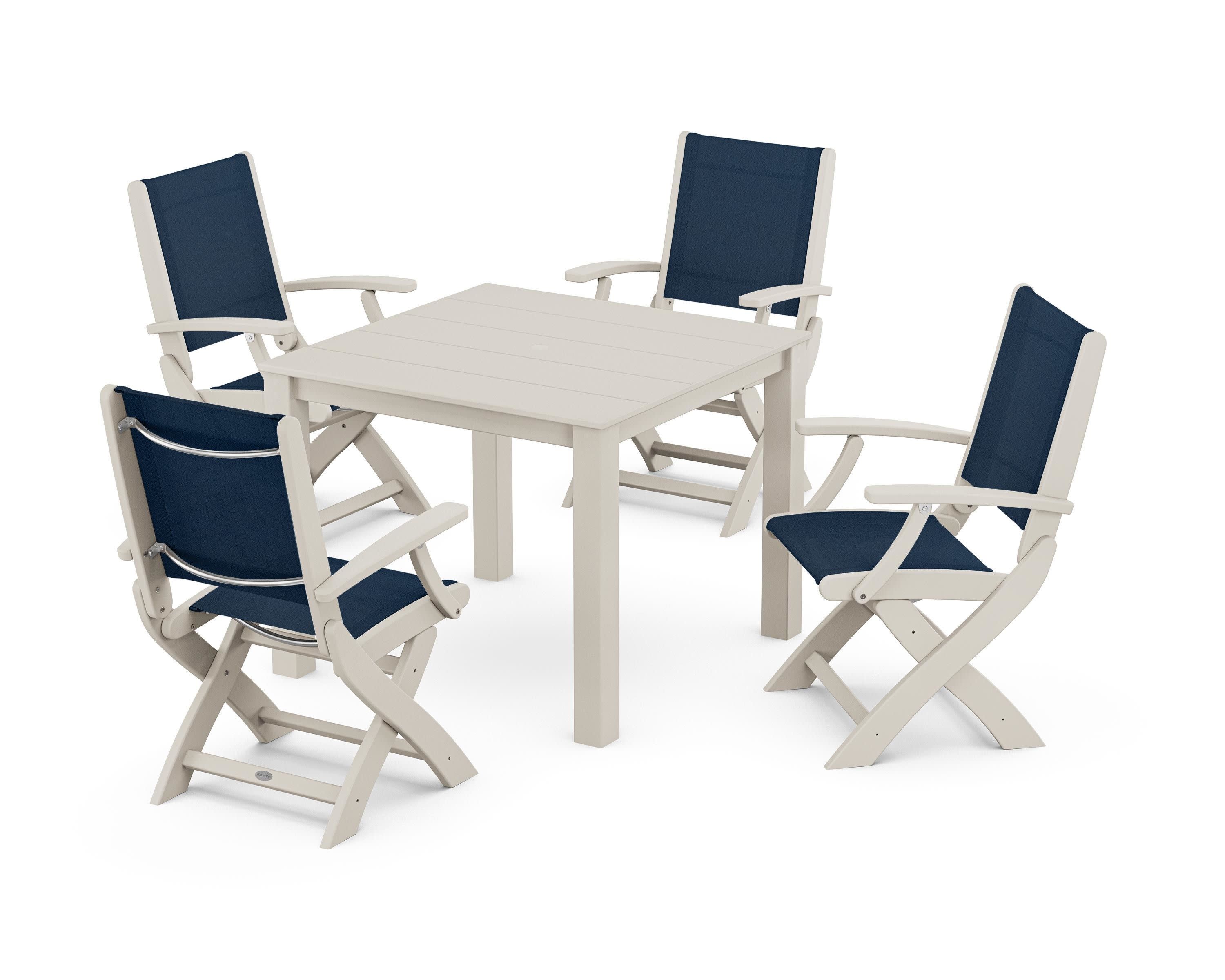 Coastal Folding Chair 5-Piece Parsons Dining Set in Sand / Navy Blue Sling