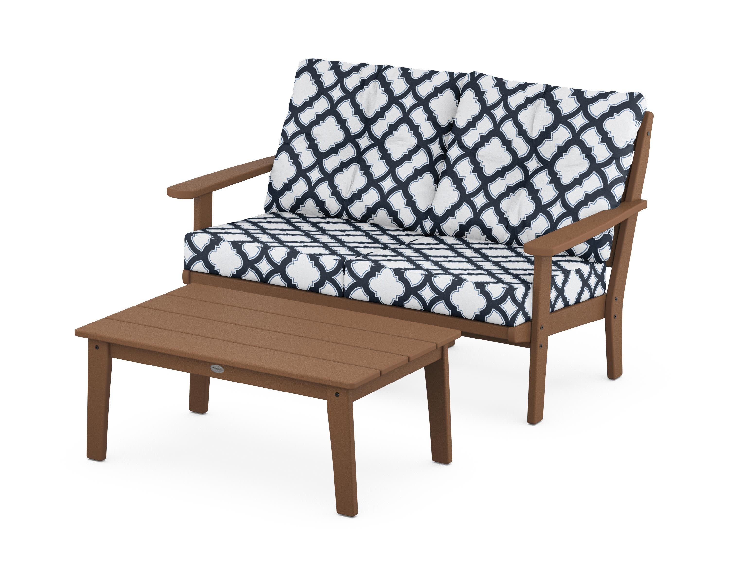 Lakeside 2-Piece Lounge Loveseat Set in Teak / Trellis Marine Indigo