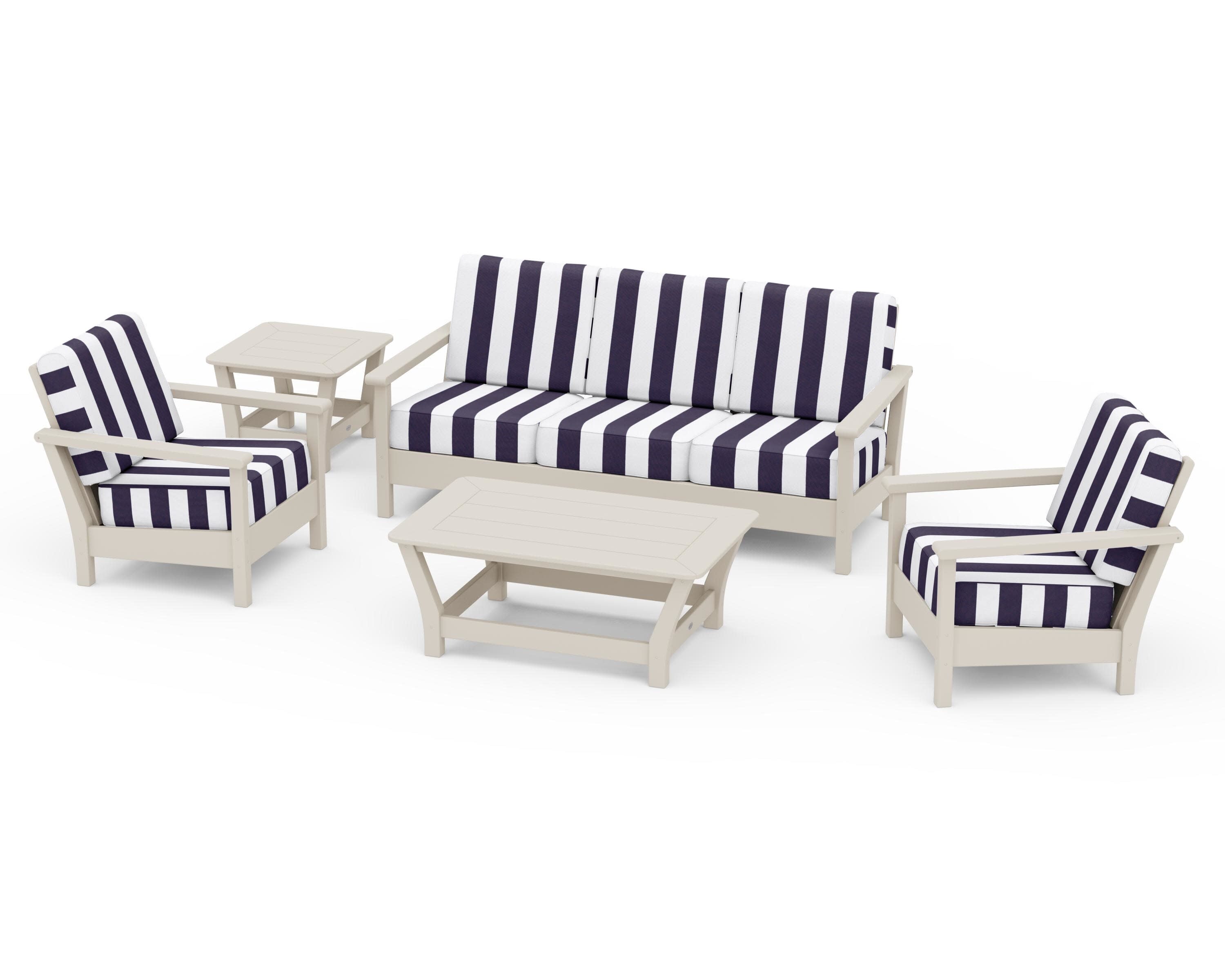 Harbour 5-Piece Deep Seating Set in Sand / Cabana Stripe Navy