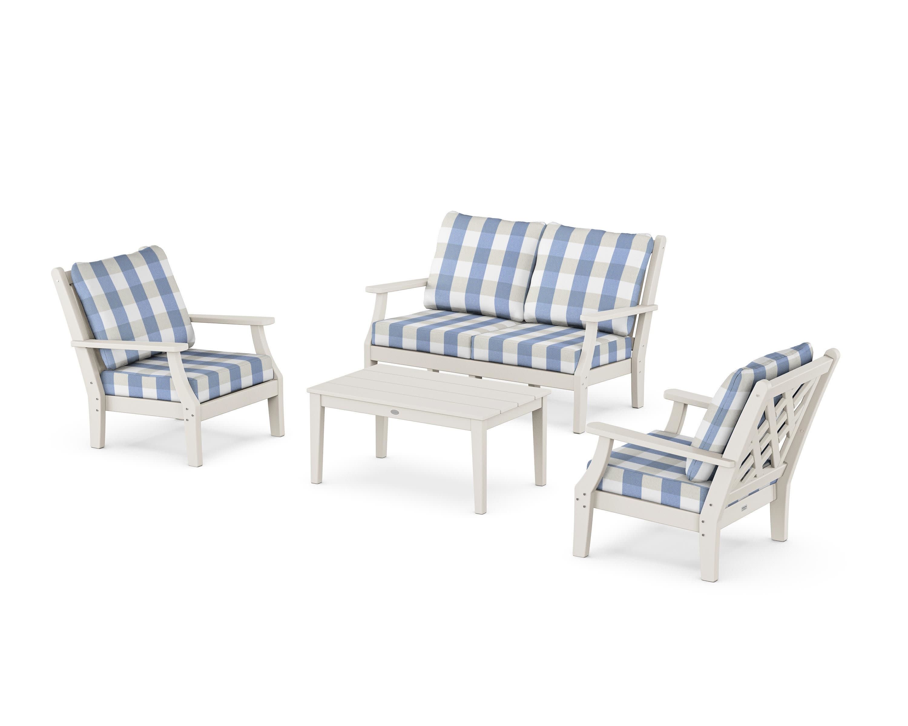 Wovendale 4-Piece Deep Seating Set with Loveseat in Sand / Buffalo Plaid Sky Blue