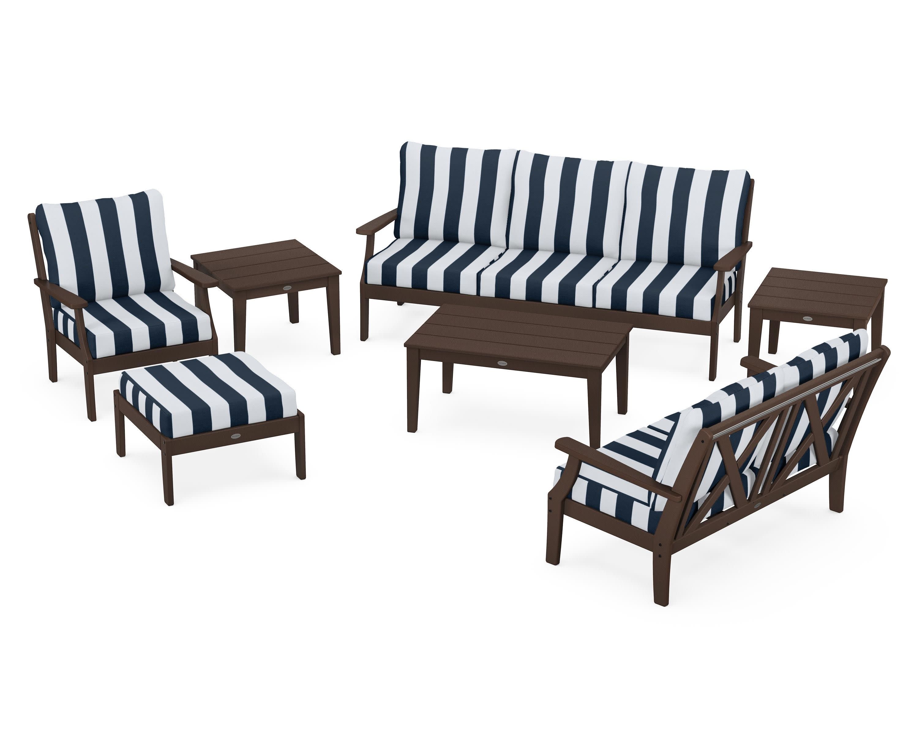 Braxton 7-Piece Deep Seating Set in Mahogany / Cabana Stripe Marine Indigo