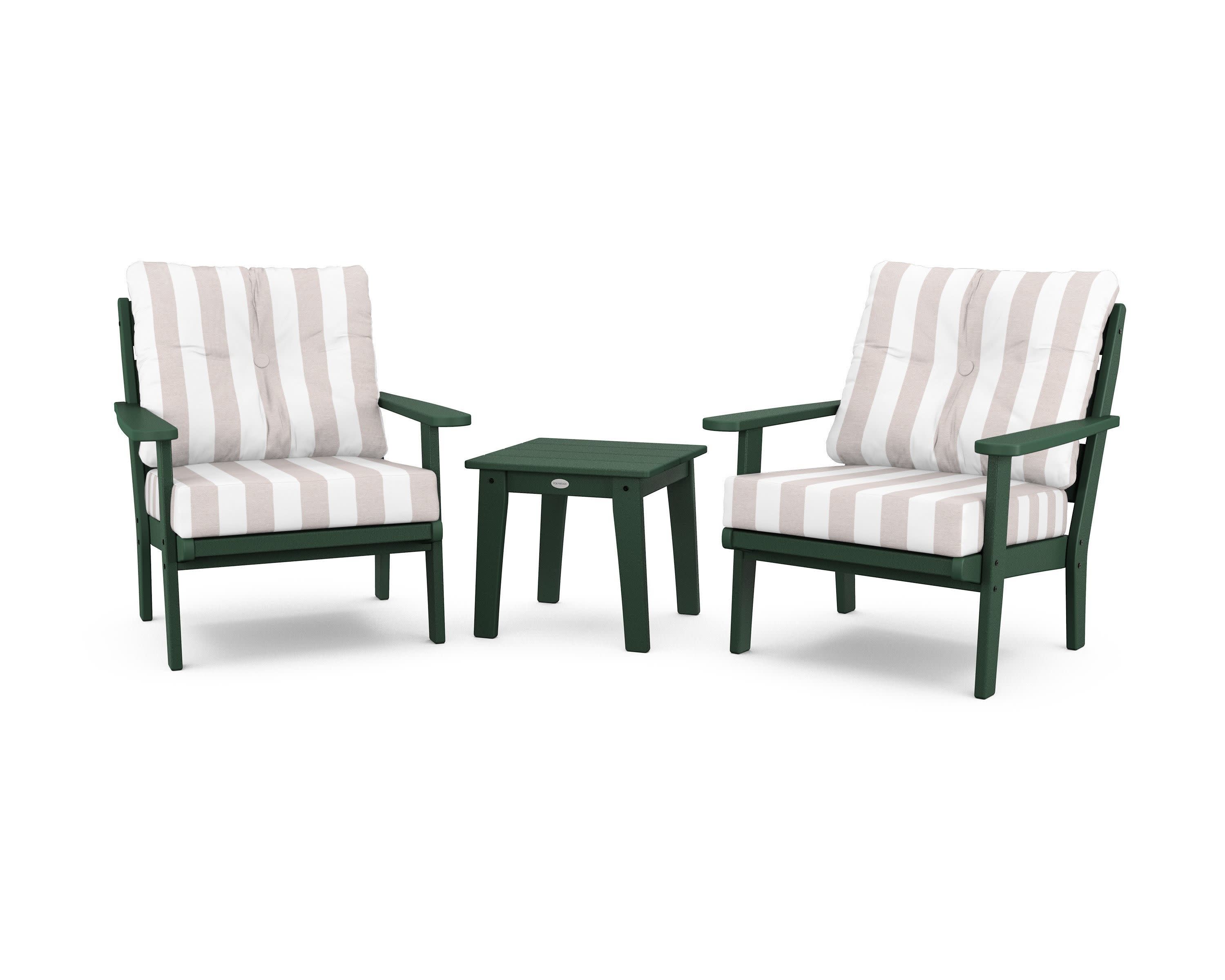 Lakeside 3-Piece Deep Seating Chair Set in Green / Cabana Stripe Dune Burlap