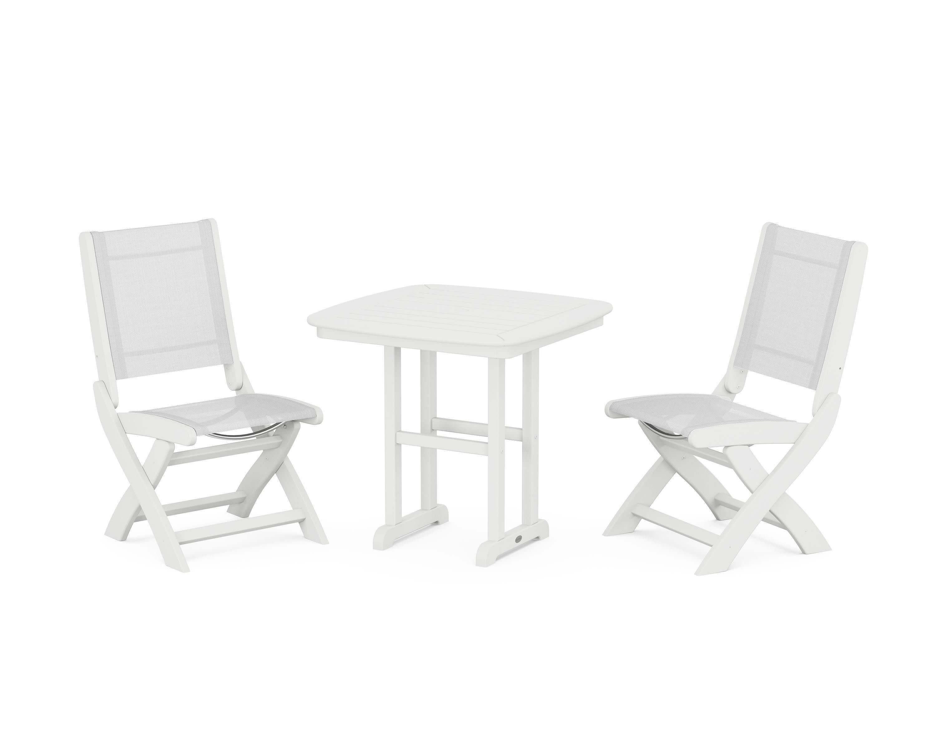 Coastal Folding Side Chair 3-Piece Dining Set in White / White Sling