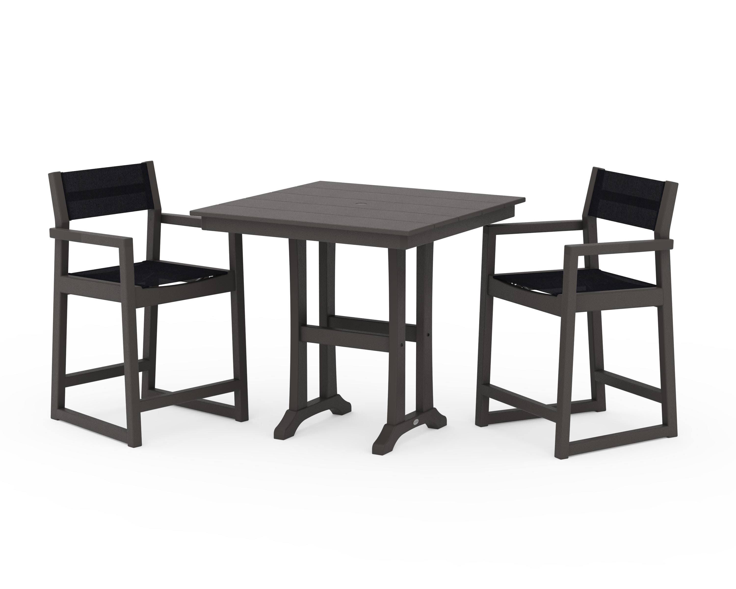EDGE Sling Arm Chair 3-Piece Farmhouse Counter Set with Trestle Legs in Vintage Coffee / Black Sling