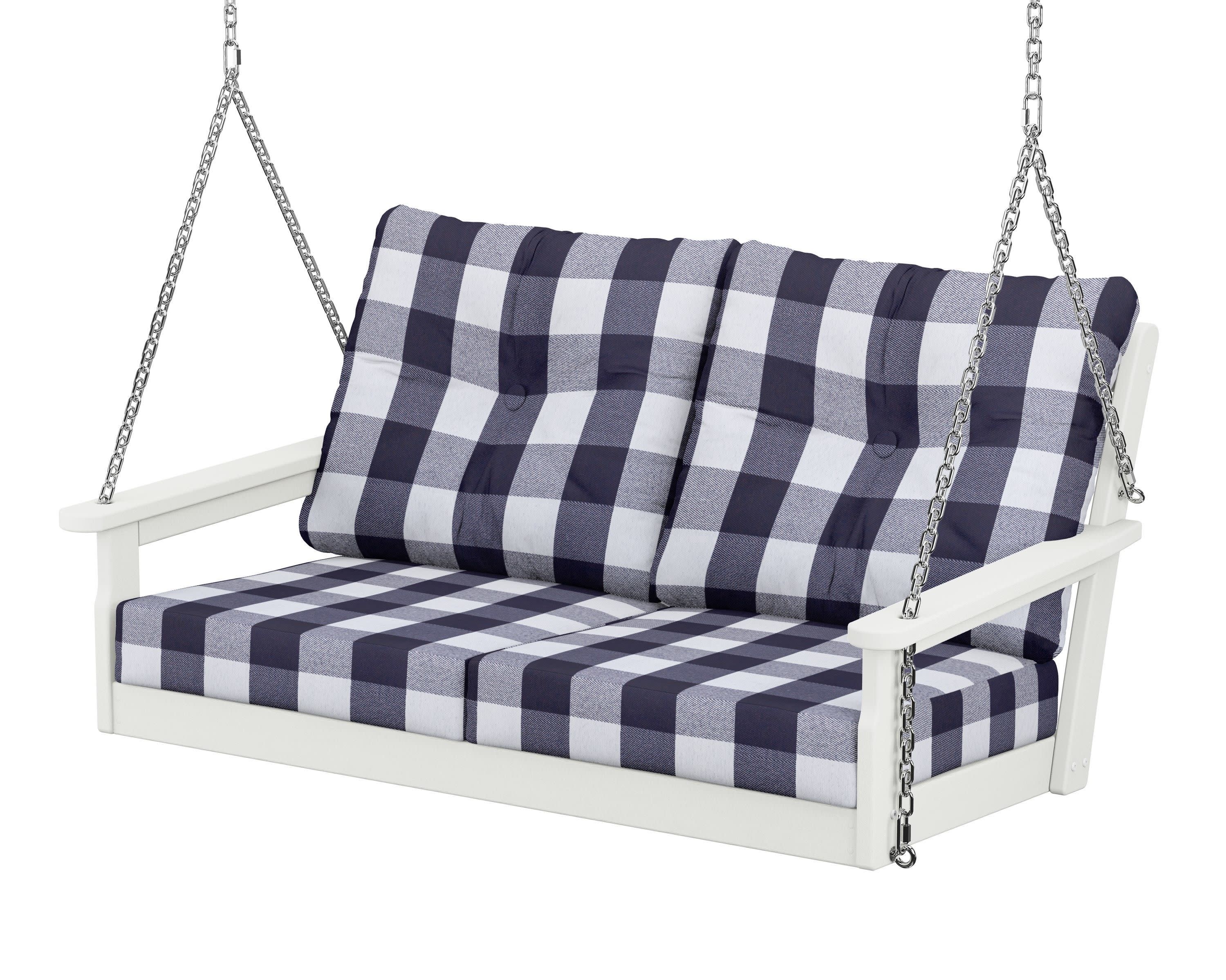 Vineyard Deep Seating Swing in Vintage White / Buffalo Plaid Navy