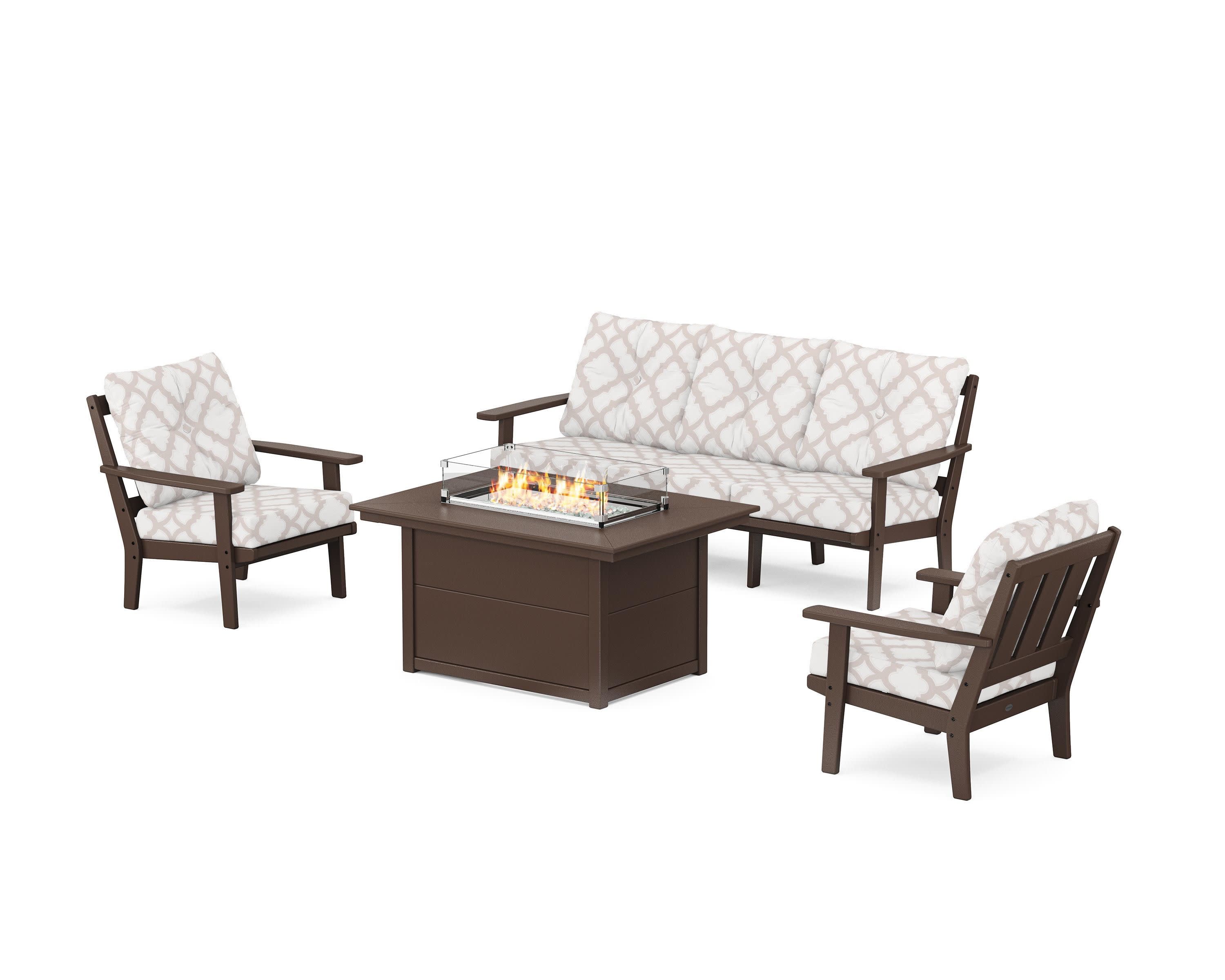 Oxford Deep Seating Fire Pit Table Set in Mahogany / Trellis Dune Burlap