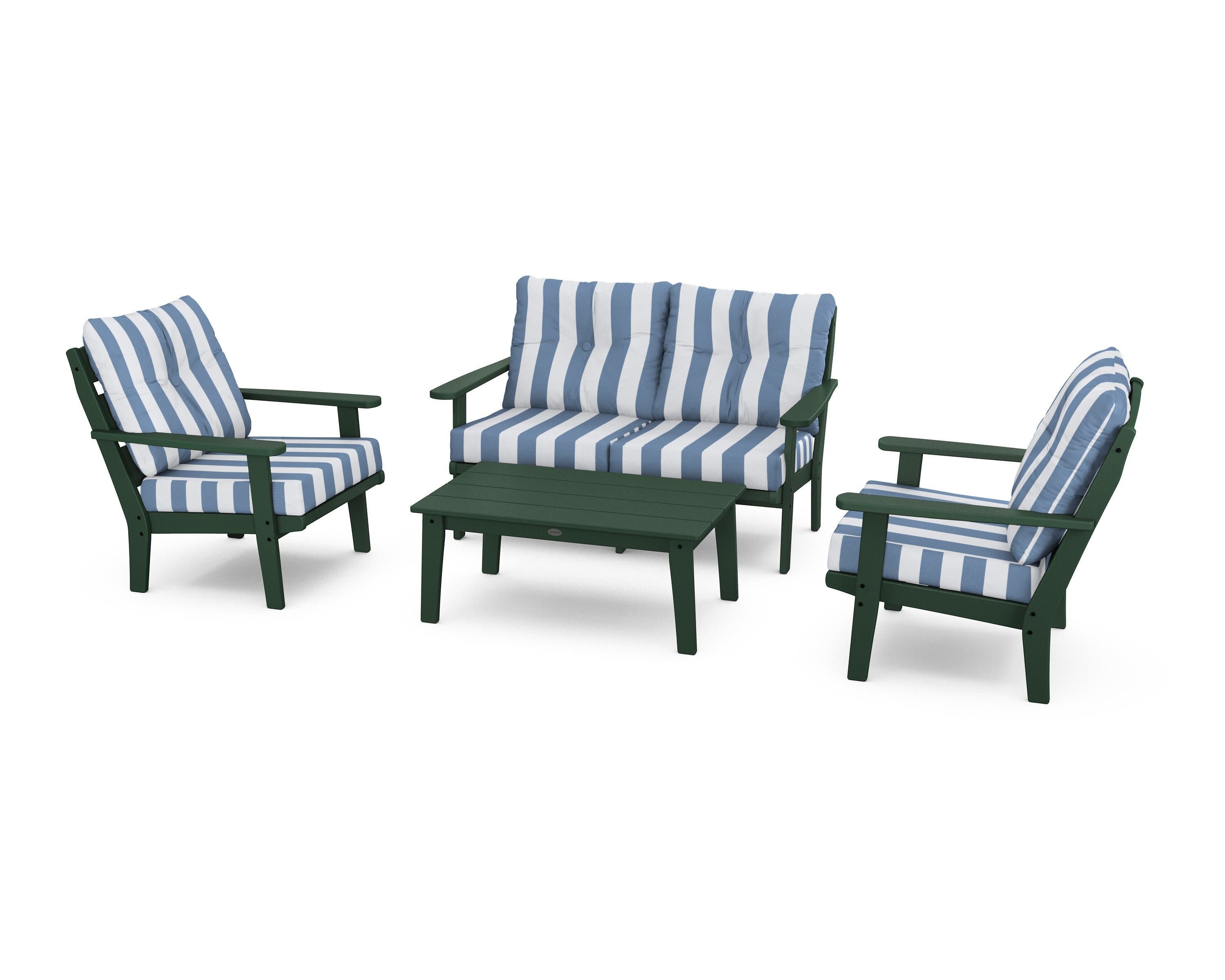 Lakeside 4-Piece Deep Seating Set in Green / Cabana Stripe Sky Blue