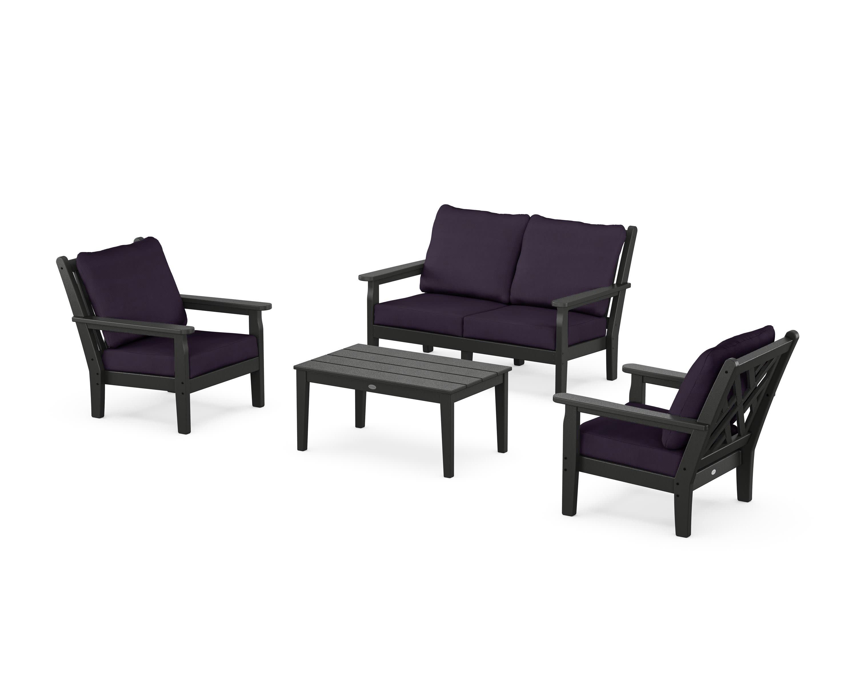 Chippendale 4-Piece Deep Seating Set with Loveseat in Black / Navy Linen