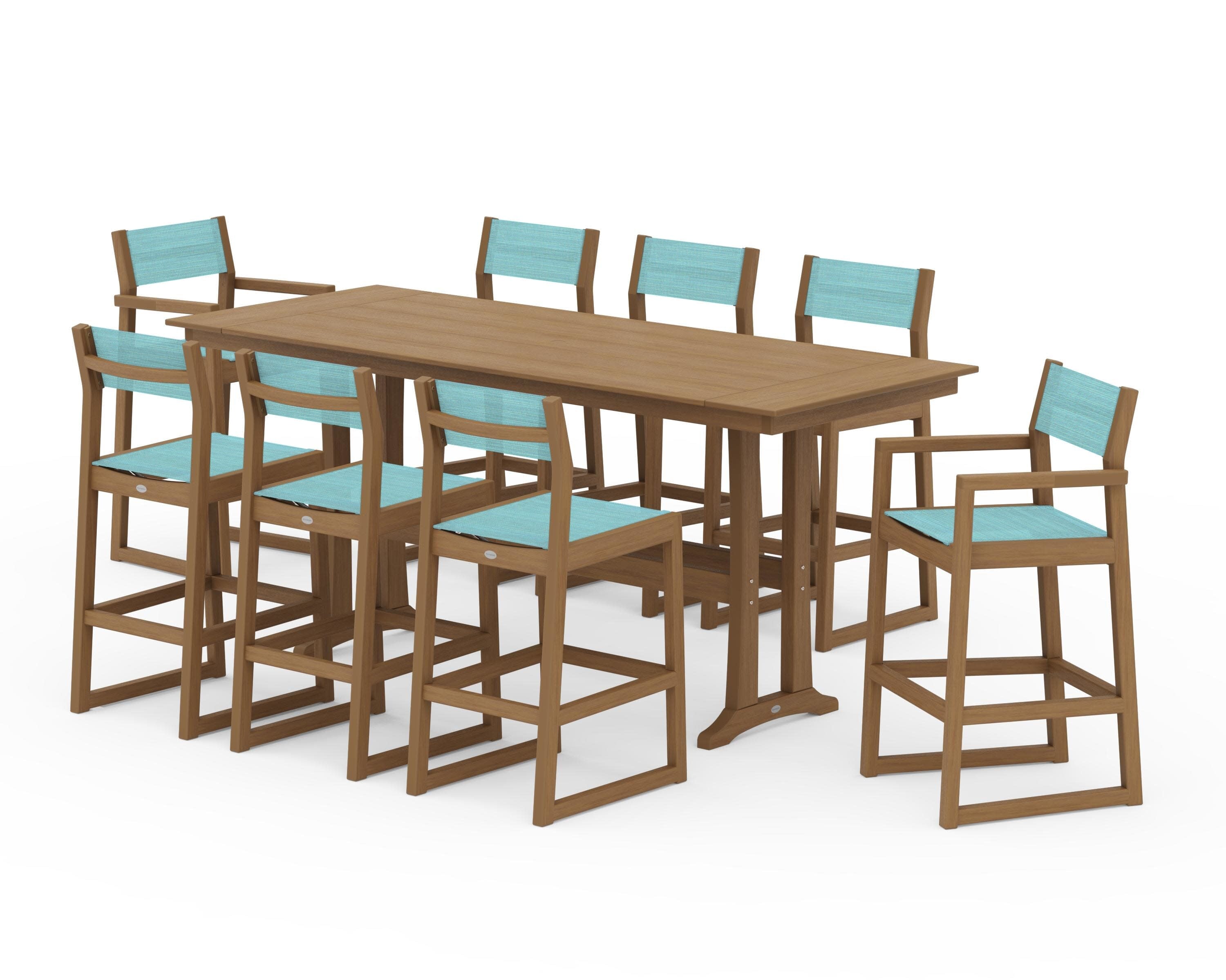 EDGE Sling 9-Piece Farmhouse Bar Set with Trestle Legs in Natural / Dupioni Aquamarine Sling
