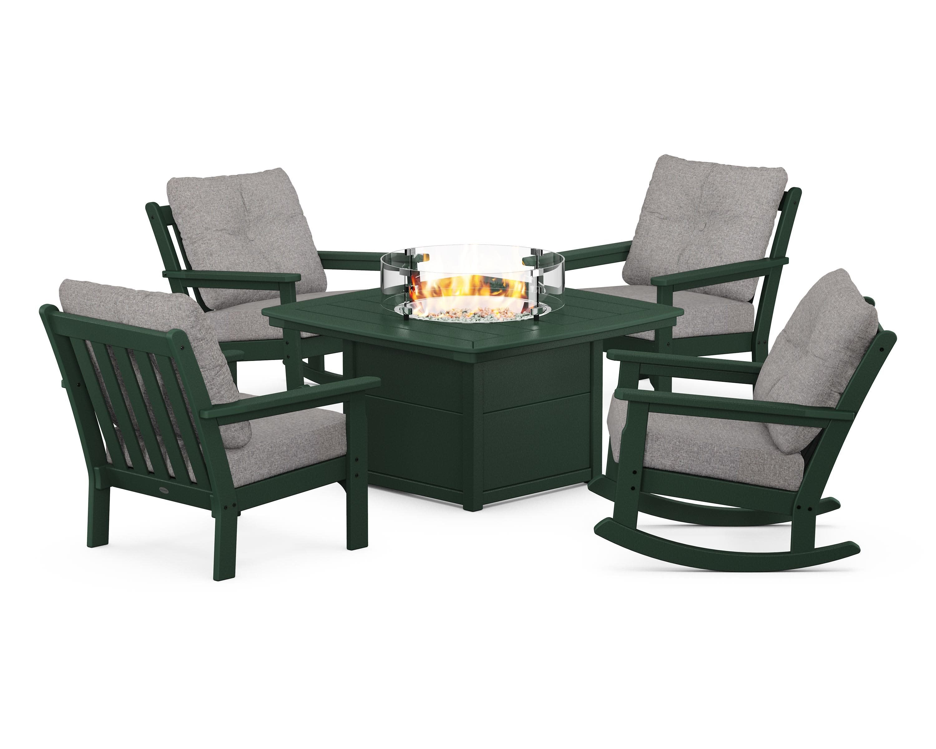 Vineyard 5-Piece Deep Seating Rocking Chair Conversation Set with Fire Pit Table in Green / Grey Mist