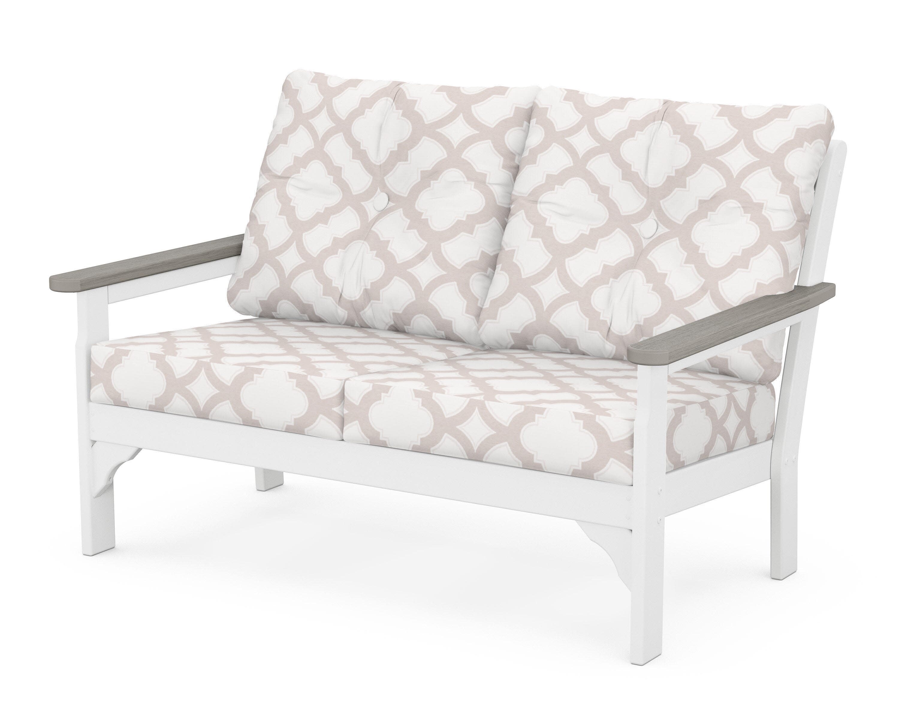 Vineyard Deep Seating Loveseat in White / Driftwood / Trellis Dune Burlap
