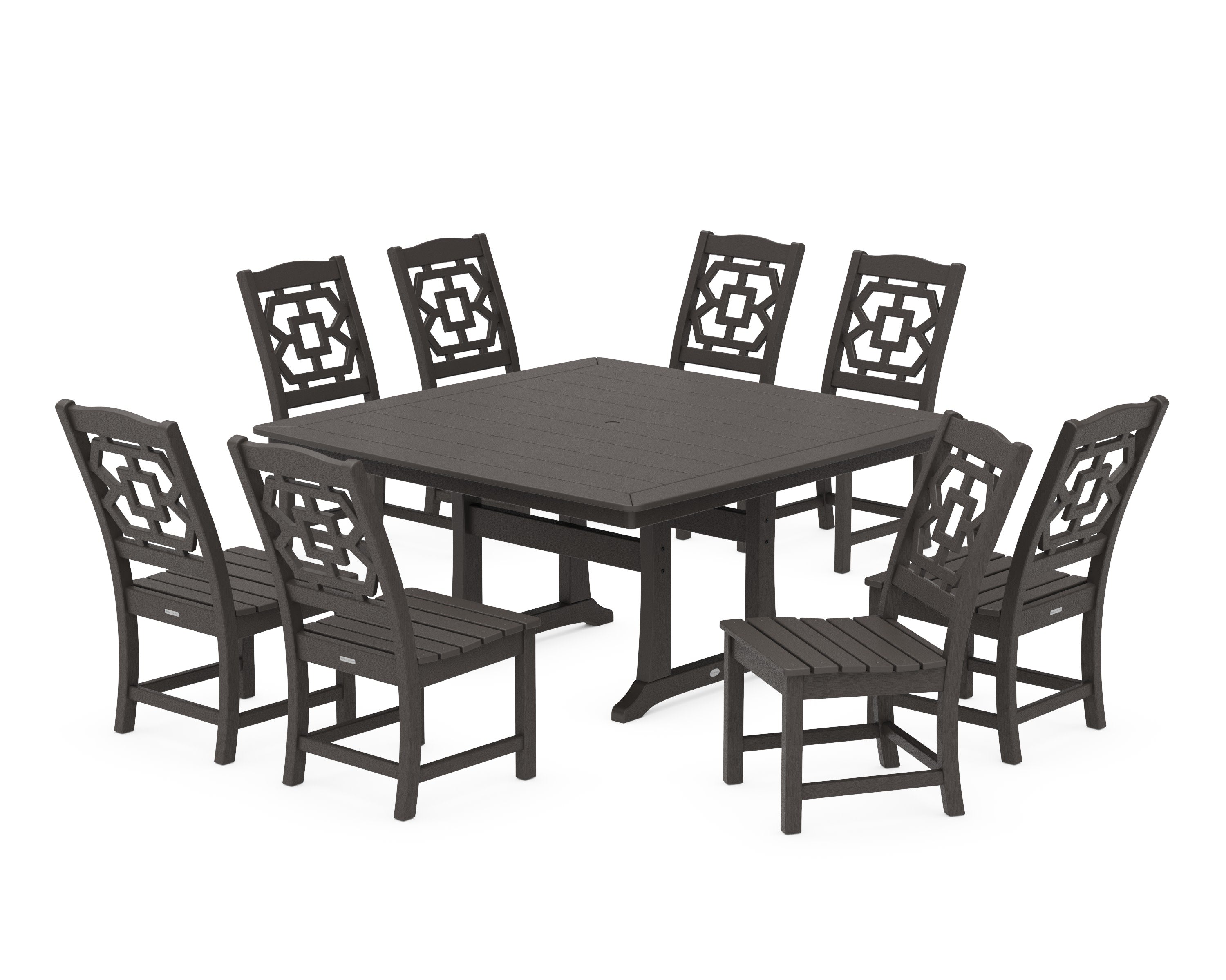Chinoiserie 9-Piece Square Side Chair Dining Set with Trestle Legs in Vintage Coffee