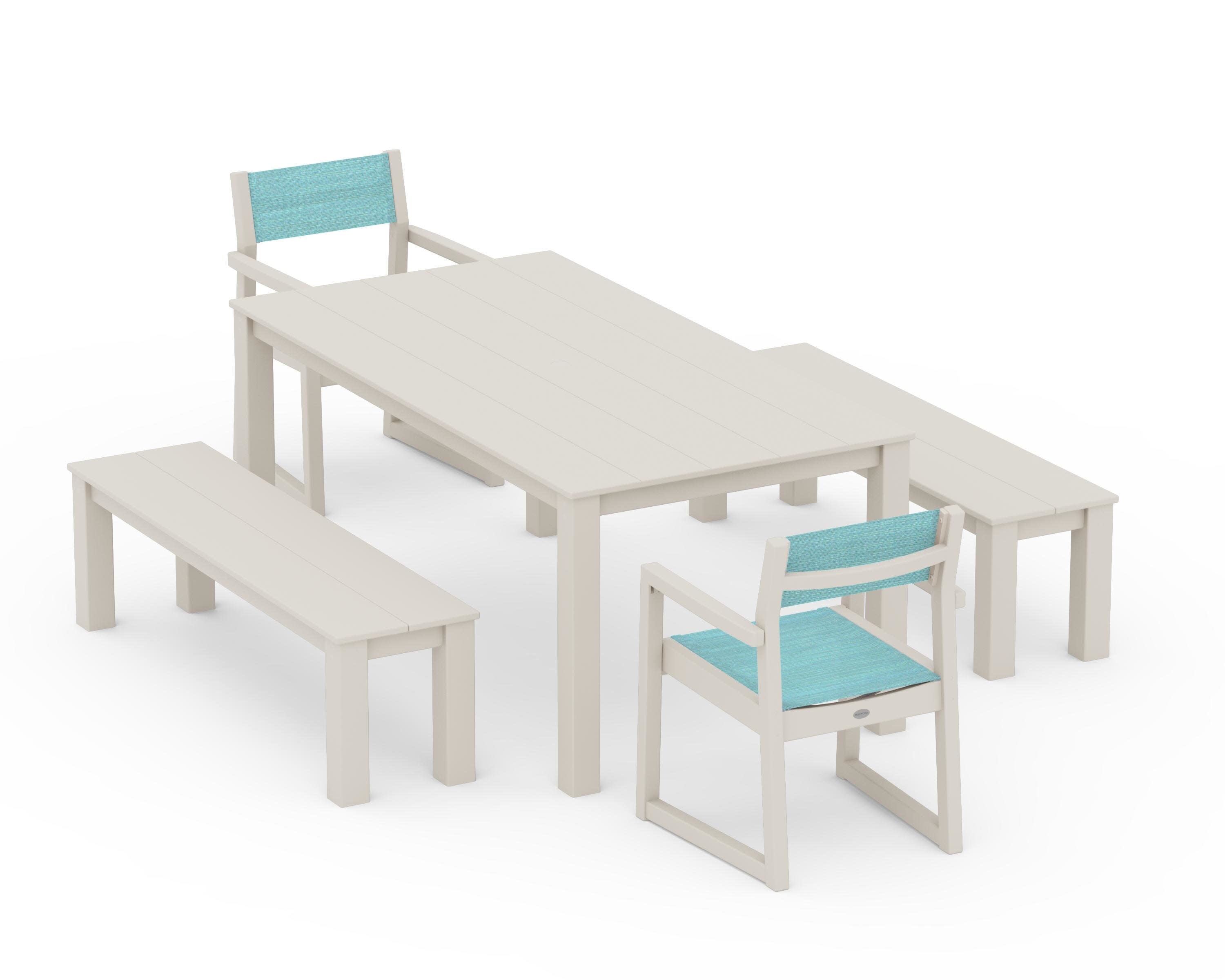 EDGE Sling Arm Chair 5-Piece Parsons Dining Set with Benches in Sand / Dupioni Aquamarine Sling