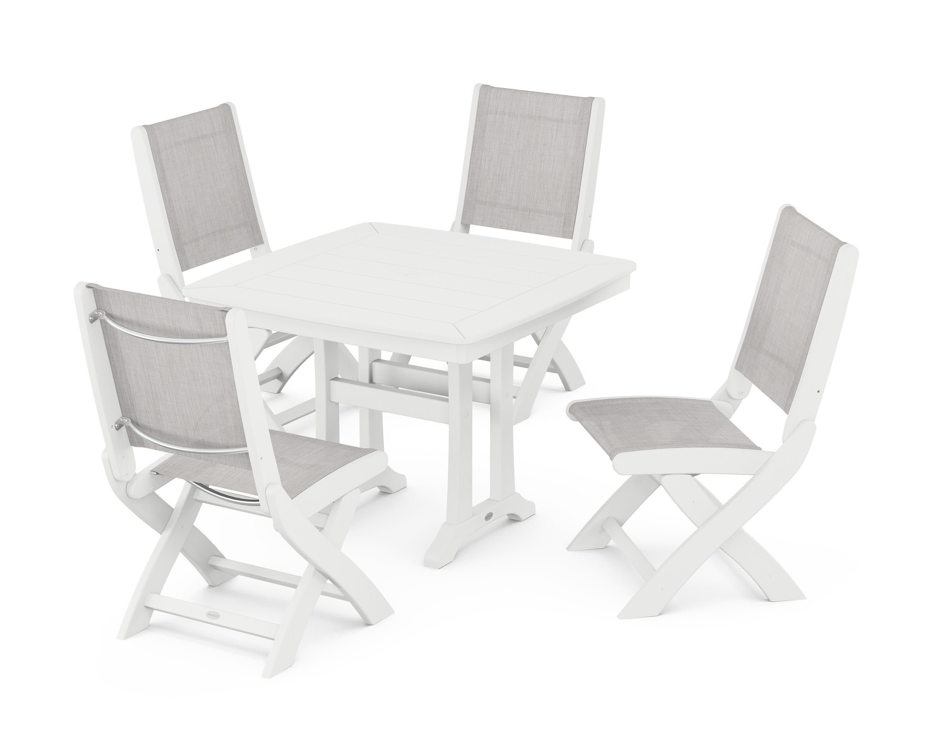 Coastal Folding Side Chair 5-Piece Dining Set with Trestle Legs in White / Parchment Sling