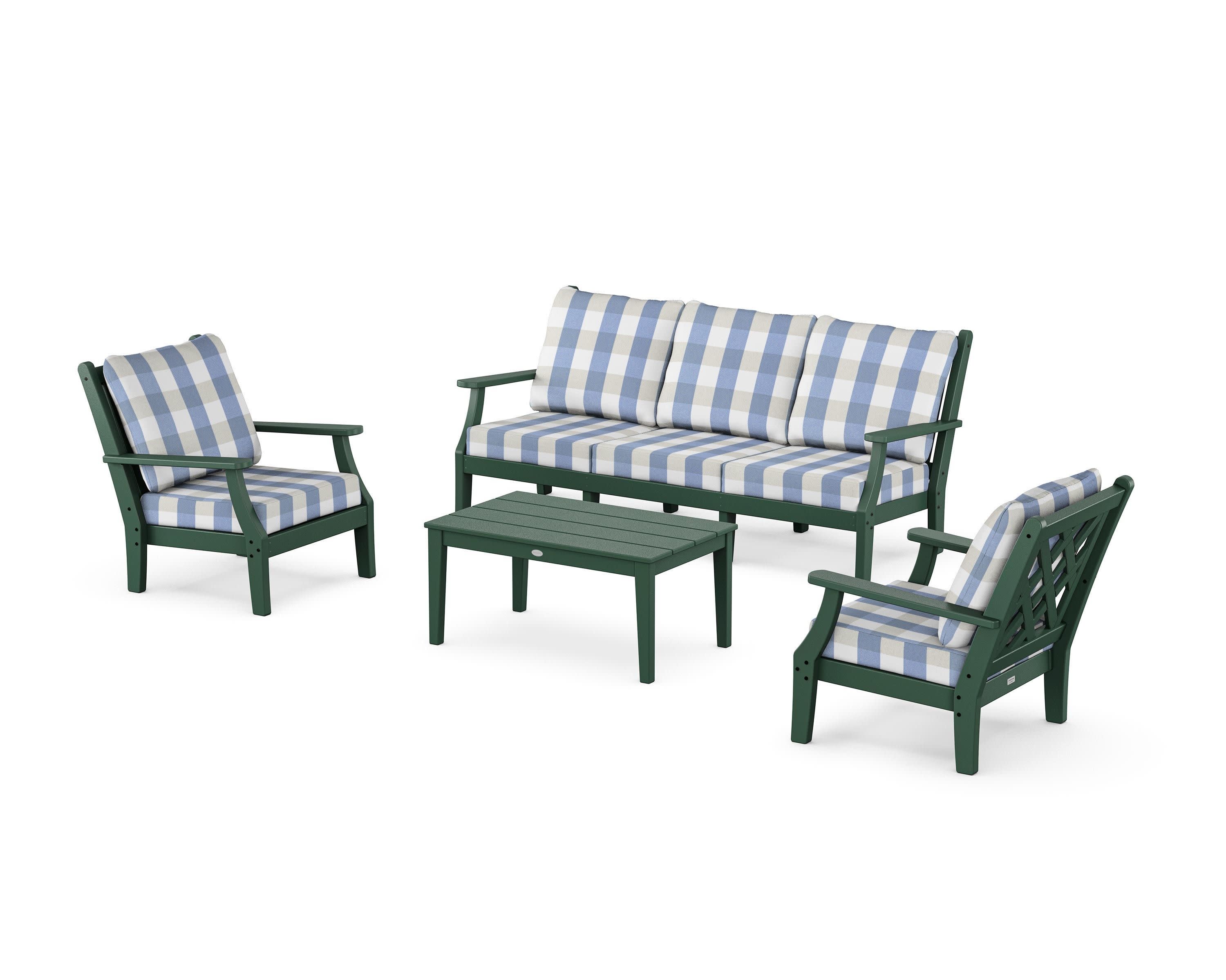 Wovendale 4-Piece Deep Seating Set with Sofa in Green / Buffalo Plaid Sky Blue
