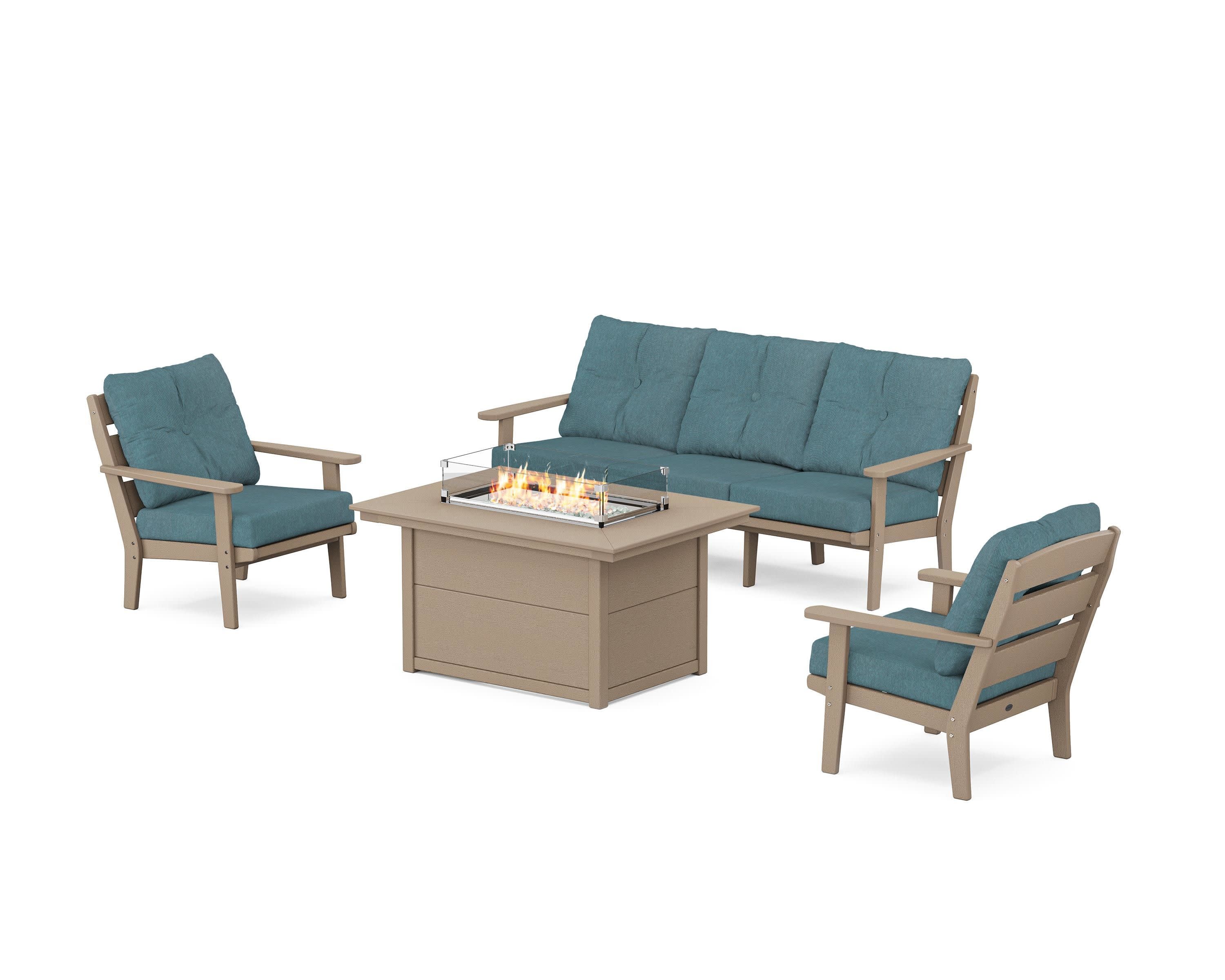Lakeside Deep Seating Fire Pit Table Set in Vintage Sahara / Ocean Teal