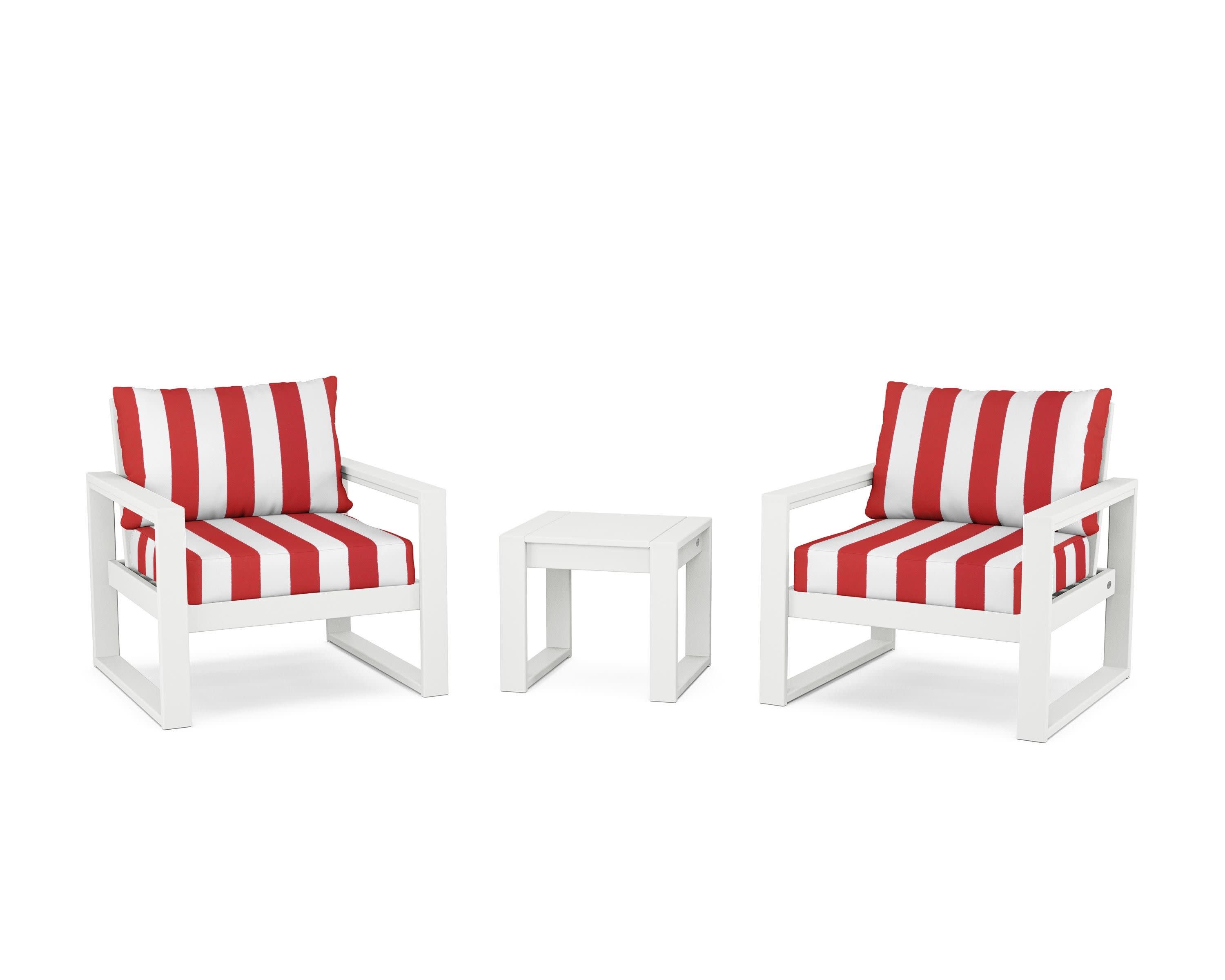 EDGE Sectional 3-Piece Deep Seating Set in White / Cabana Stripe Crimson