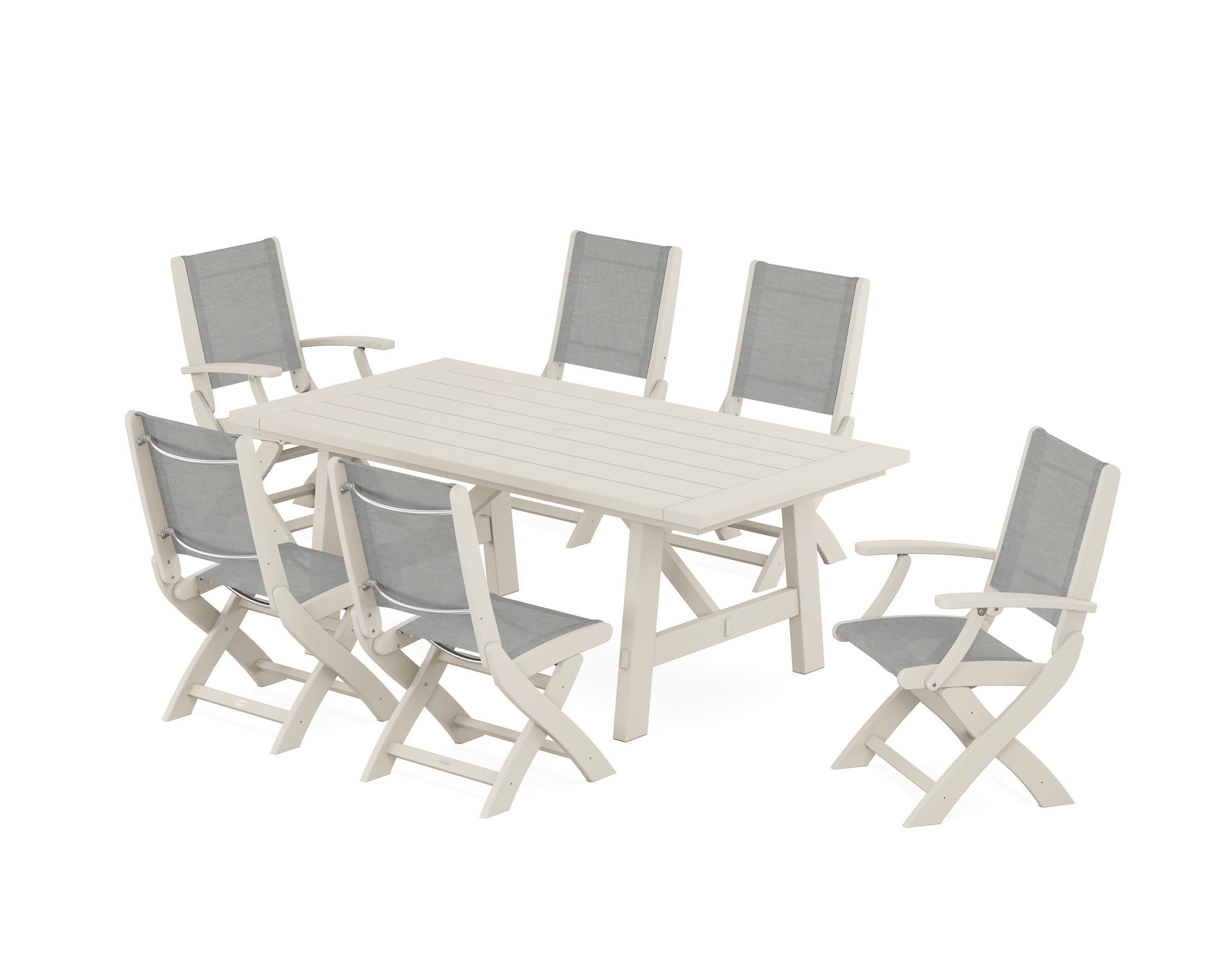 Coastal Folding Chair 7-Piece Rustic Farmhouse Dining Set in Sand / Metallic Sling