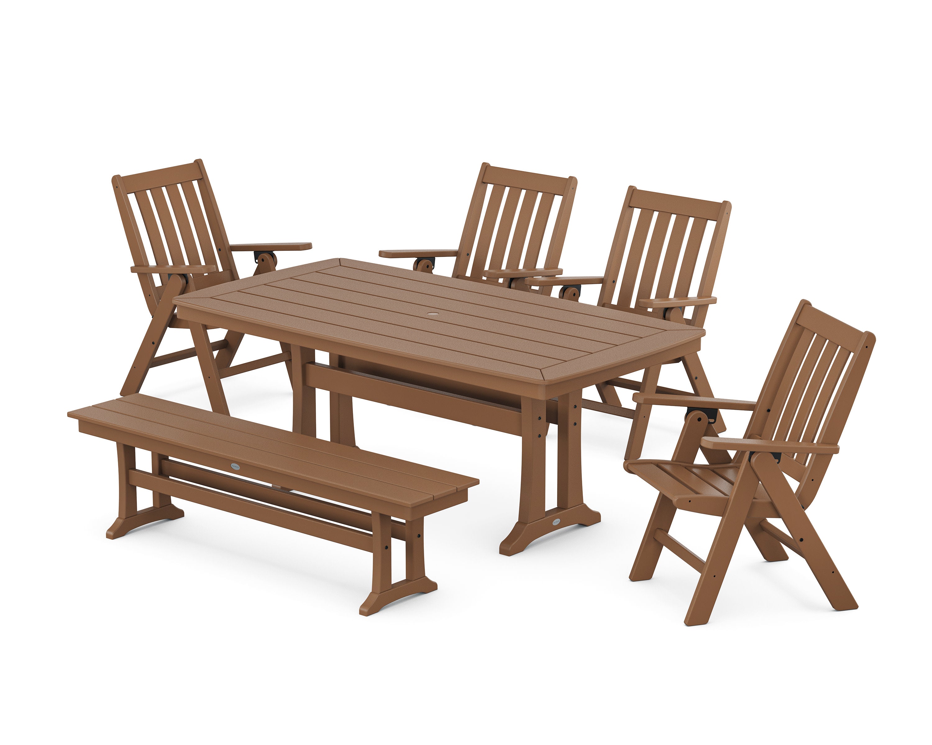 Vineyard Folding Chair 6-Piece Dining Set with Trestle Legs and Bench in Teak