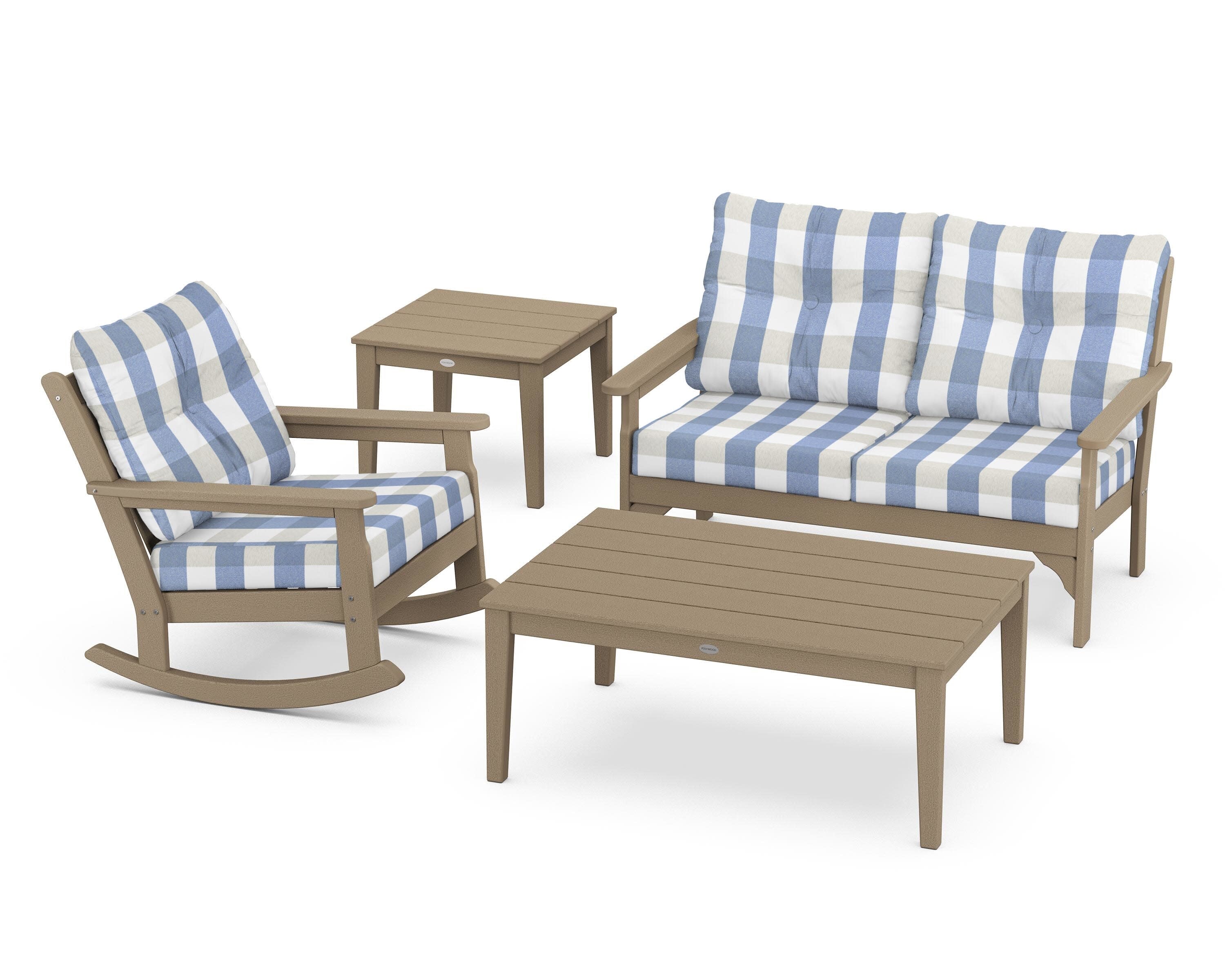 Vineyard 4-Piece Deep Seating Rocker Set in Vintage Sahara / Buffalo Plaid Sky Blue