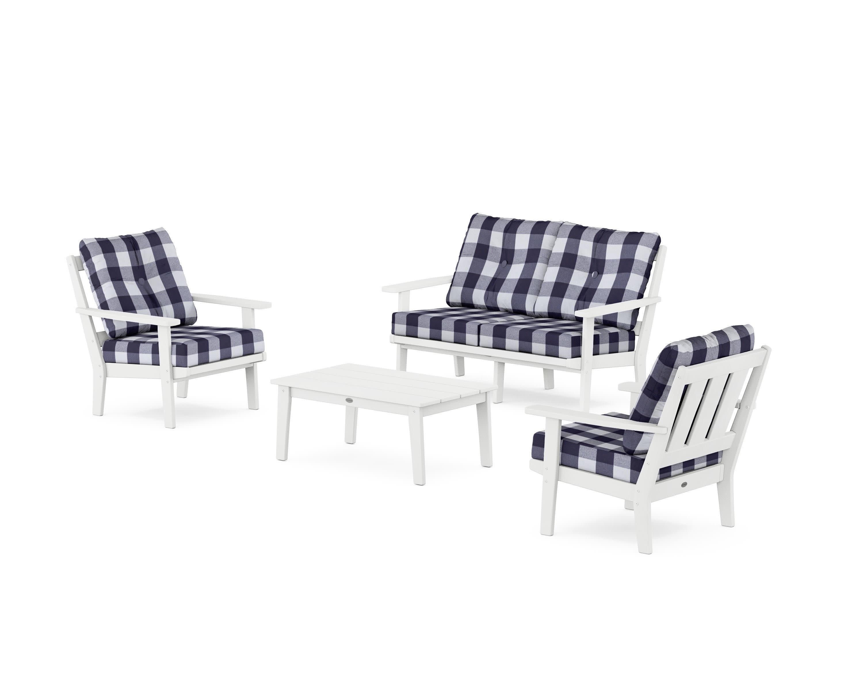 Oxford 4-Piece Deep Seating Set with Loveseat in White / Buffalo Plaid Navy