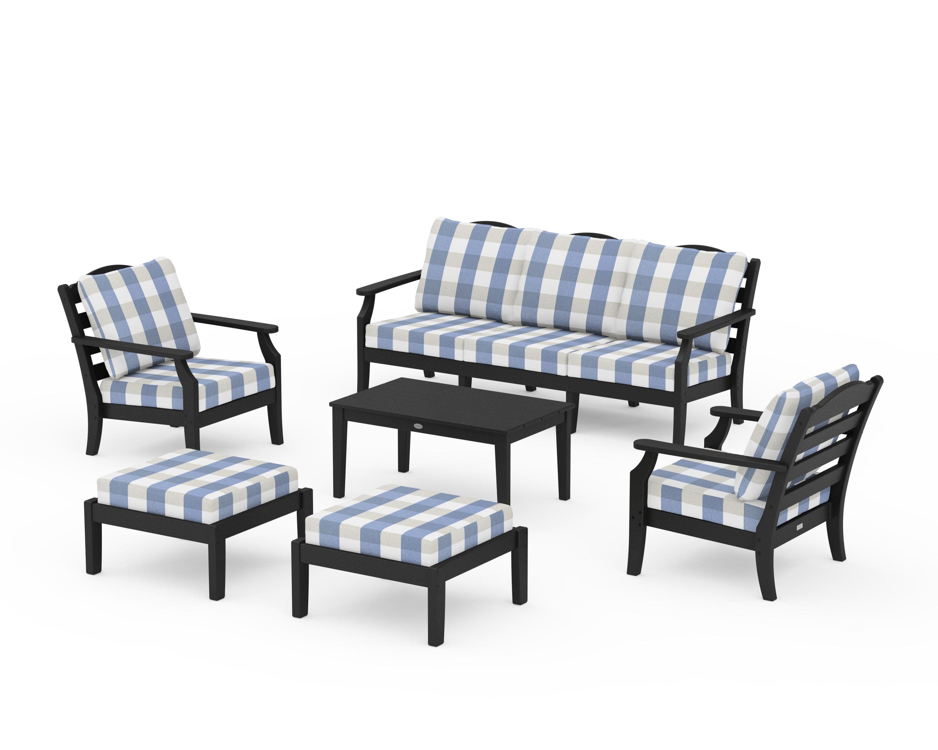 Savannah 6-Piece Lounge Sofa Set in Black / Buffalo Plaid Sky Blue
