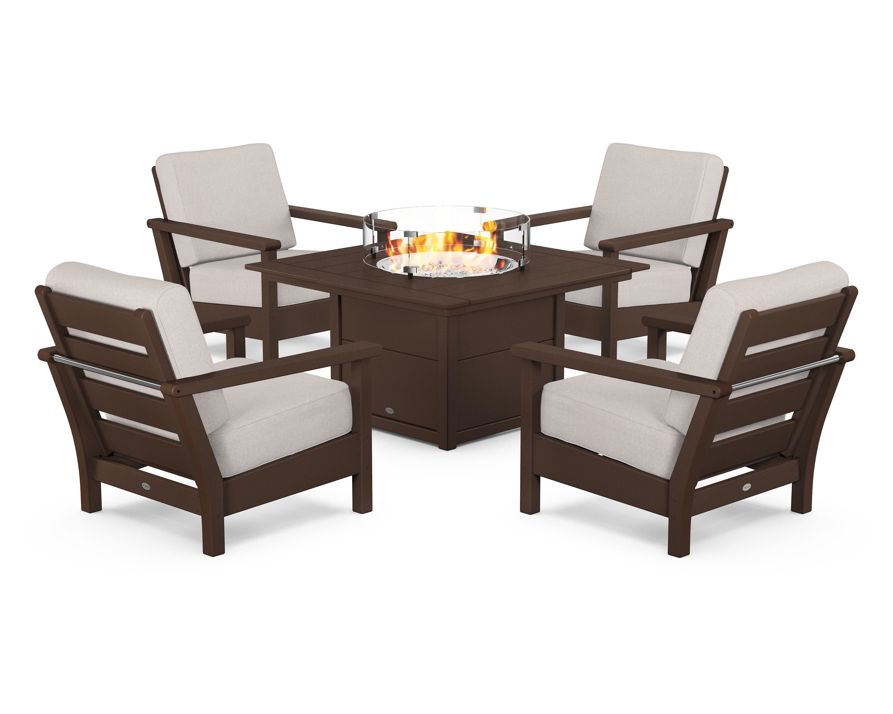 Harbour 5-Piece Conversation Set with Fire Pit Table in Mahogany / Dune Burlap