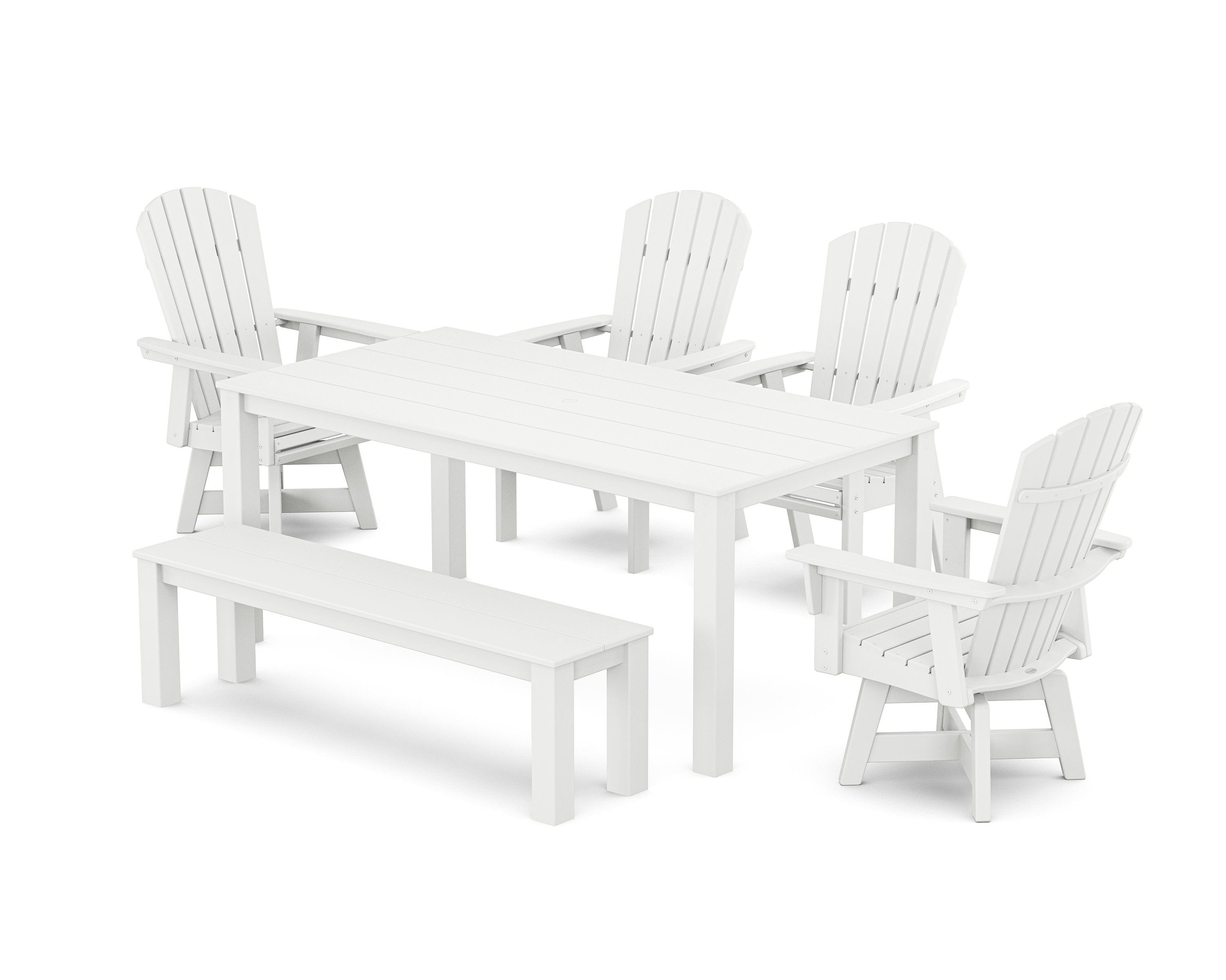 Nautical Curveback Adirondack Swivel 6-Piece Parsons Dining Set with Bench in White