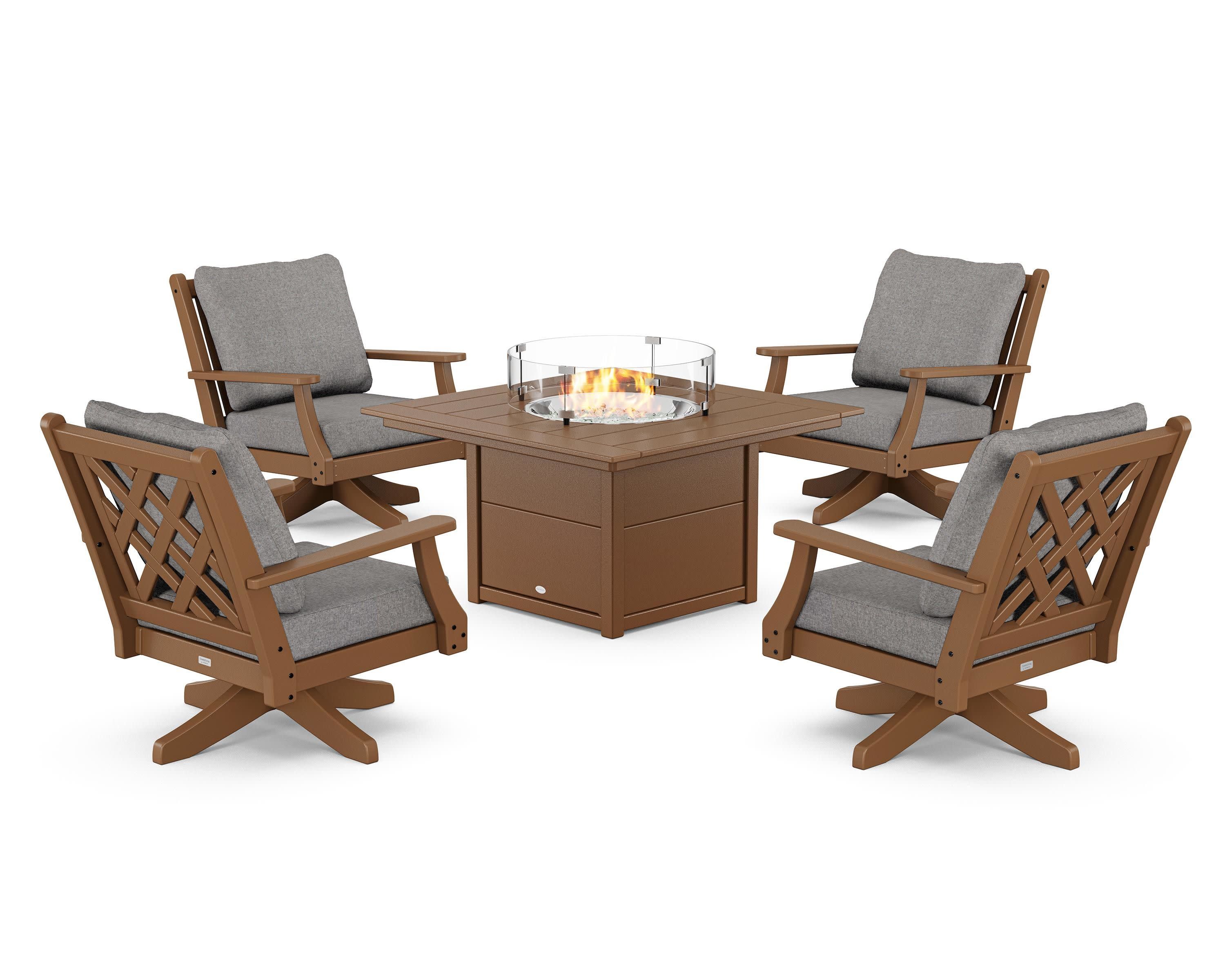 Wovendale 5-Piece Deep Seating Swivel Conversation Set with Fire Pit Table in Teak / Grey Mist