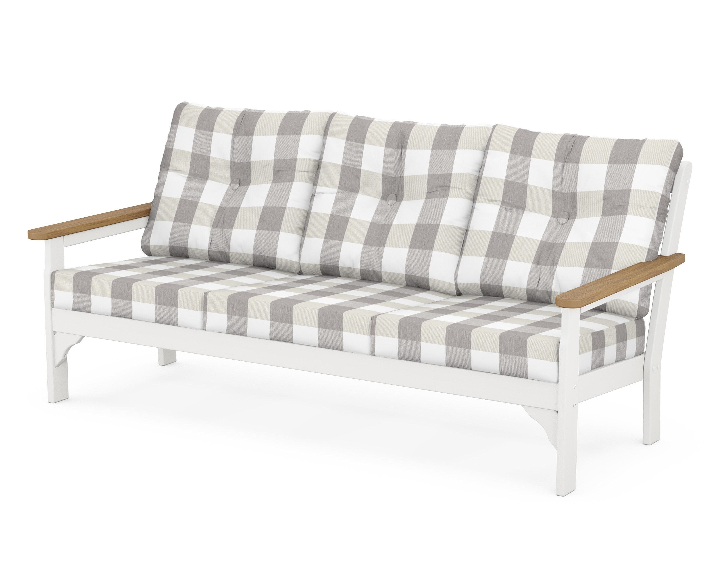 Vineyard Deep Seating Sofa in White / Natural / Buffalo Plaid Grey Mist