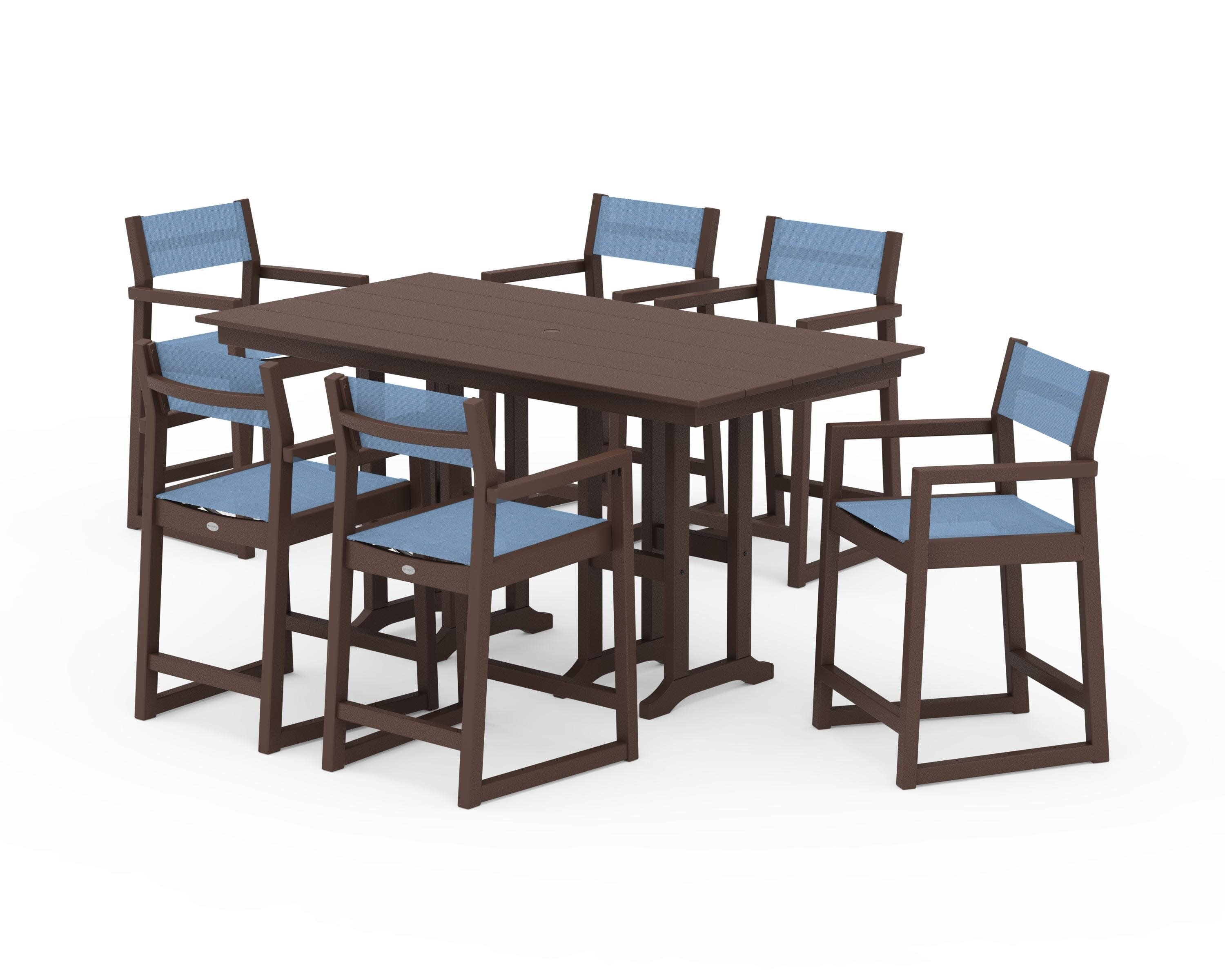 EDGE Sling Arm Chair 7-Piece Farmhouse Counter Set in Mahogany / Poolside Sling