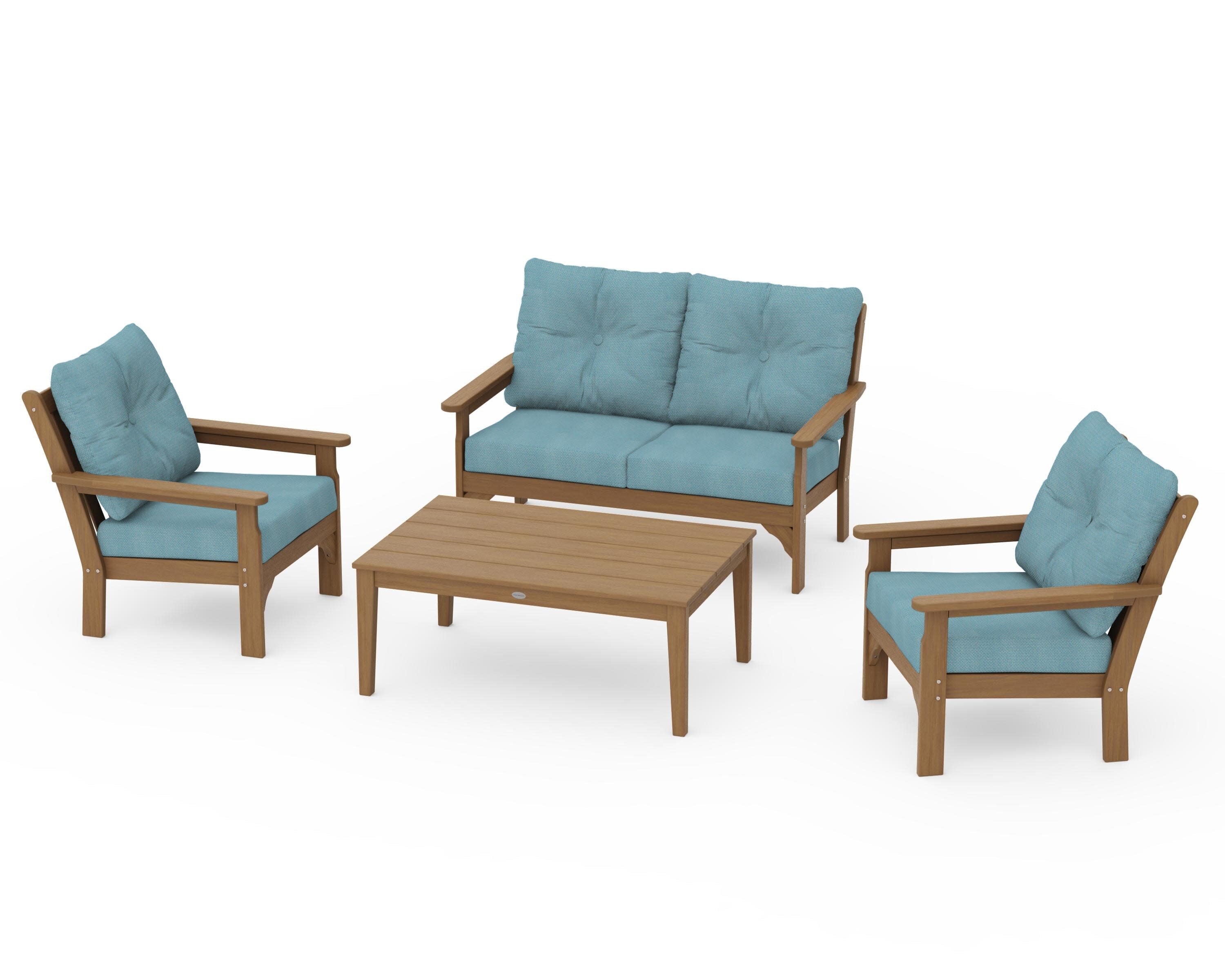 Vineyard 4-Piece Deep Seating Set in Natural / Lattice Sky Blue