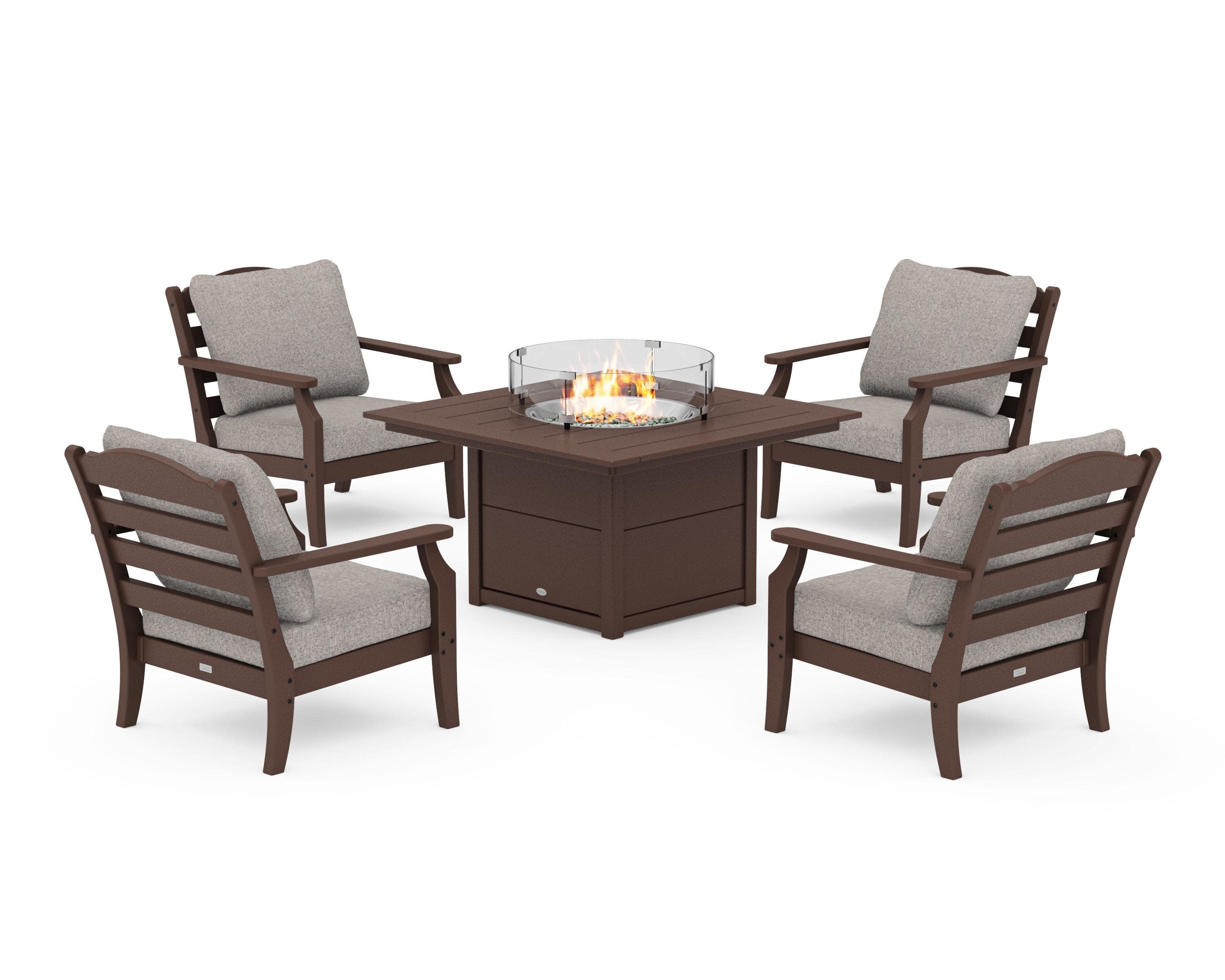 Savannah 5-Piece Deep Seating Set with Fire Pit Table in Mahogany / Weathered Tweed