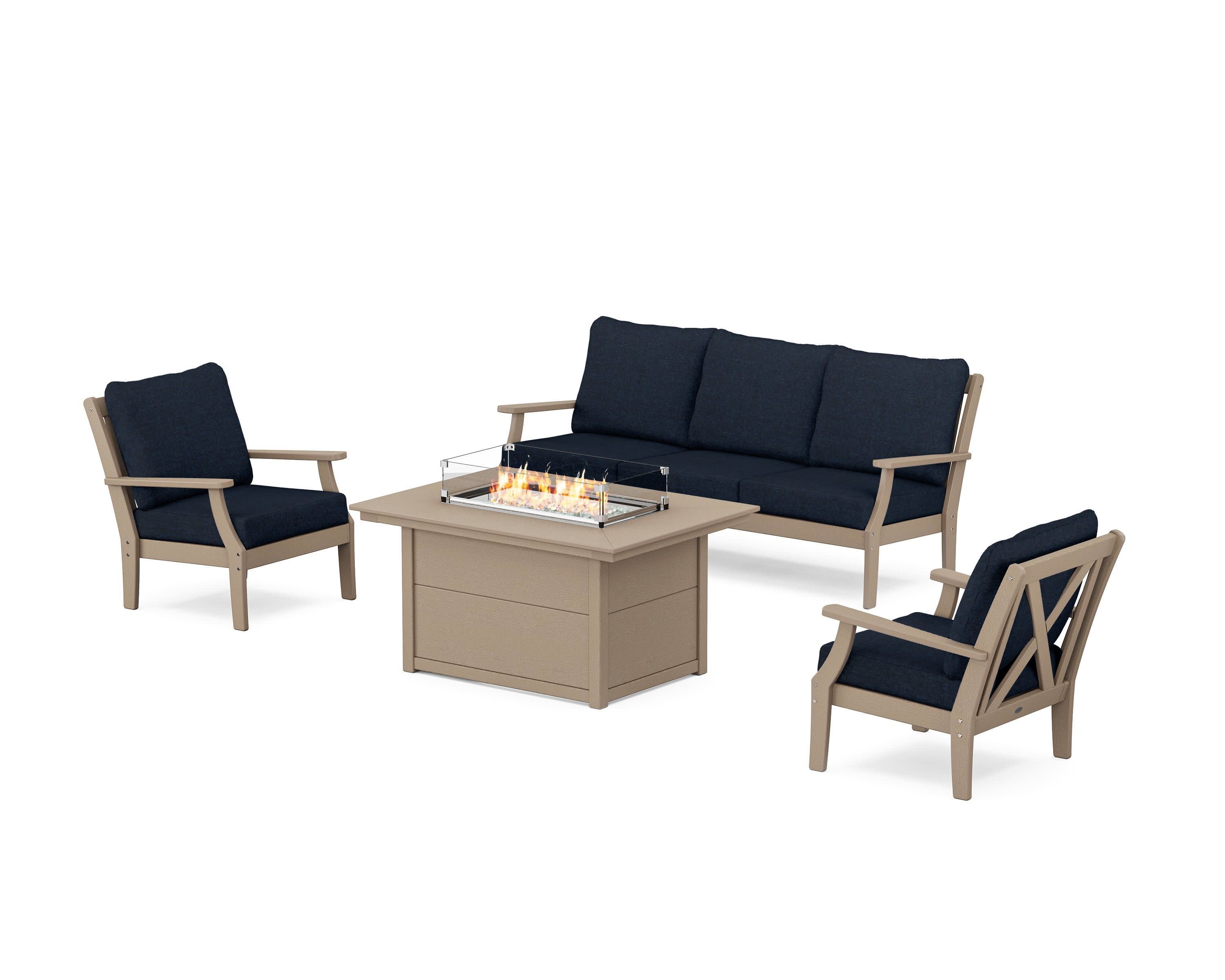 Braxton Deep Seating Fire Pit Table Set in Vintage Sahara / Marine Indigo