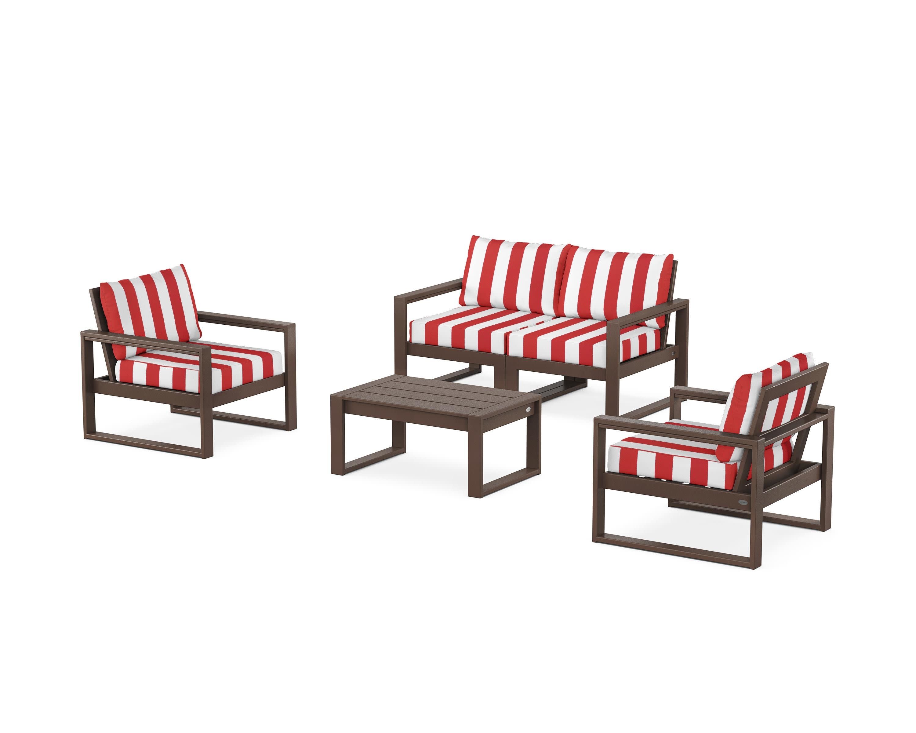 EDGE Sectional 4-Piece Deep Seating Set with Loveseat in Mahogany / Cabana Stripe Crimson