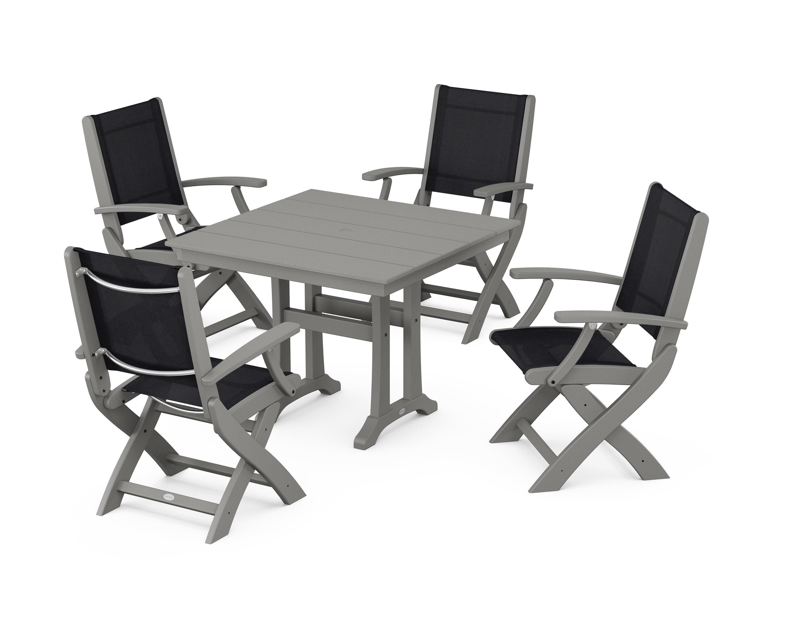 Coastal Folding Chair 5-Piece Farmhouse Dining Set With Trestle Legs in Slate Grey / Black Sling