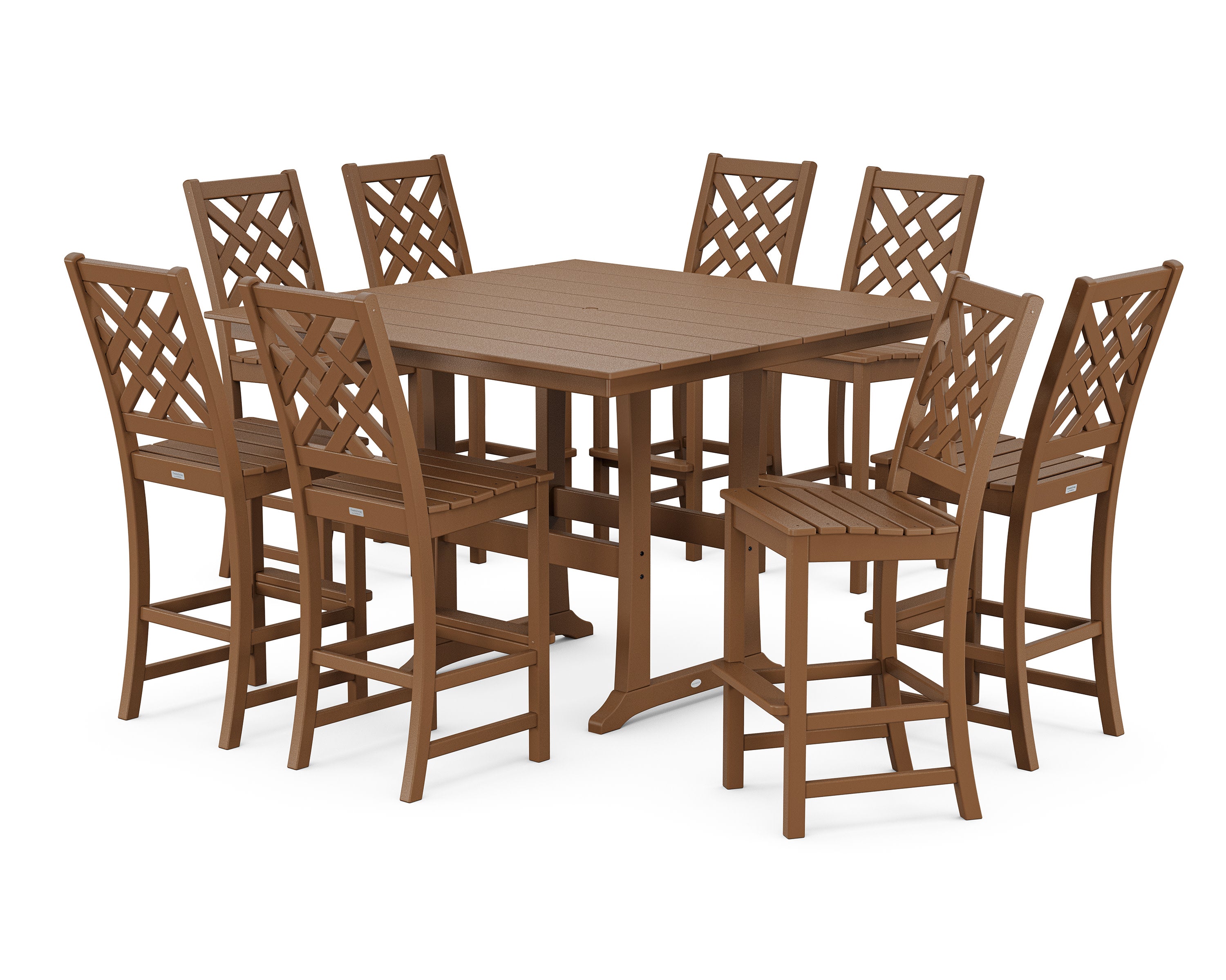 Wovendale Side Chair 9-Piece Square Farmhouse Bar Set with Trestle Legs in Teak