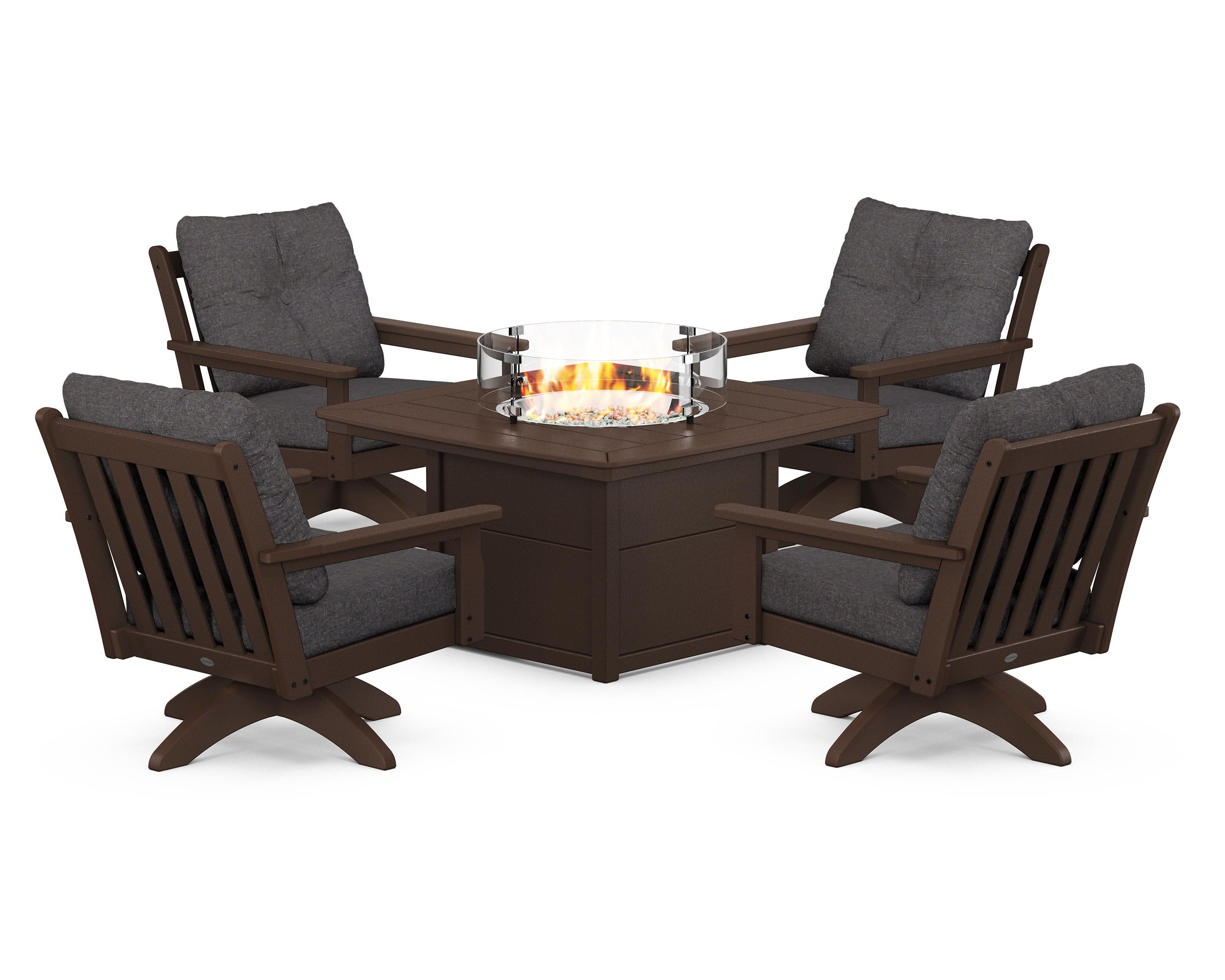 Vineyard 5-Piece Deep Seating Swivel Conversation Set with Fire Pit Table in Mahogany / Ash Charcoal